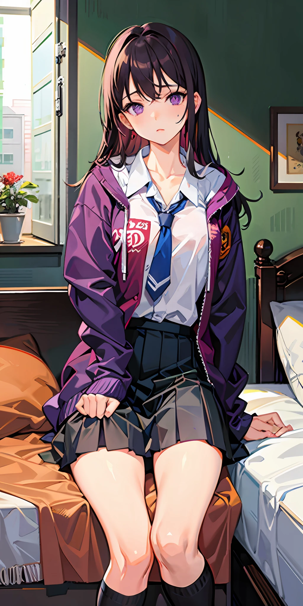 Masterpiece, Best Quality, High Resolution, Solo, Purple Eyes, Indoors, Undressing, Underwear, Sprawled, Anxiety, Bed, Disheveled Clothes, Orange Sunset, Dark, High School Student in Nursery