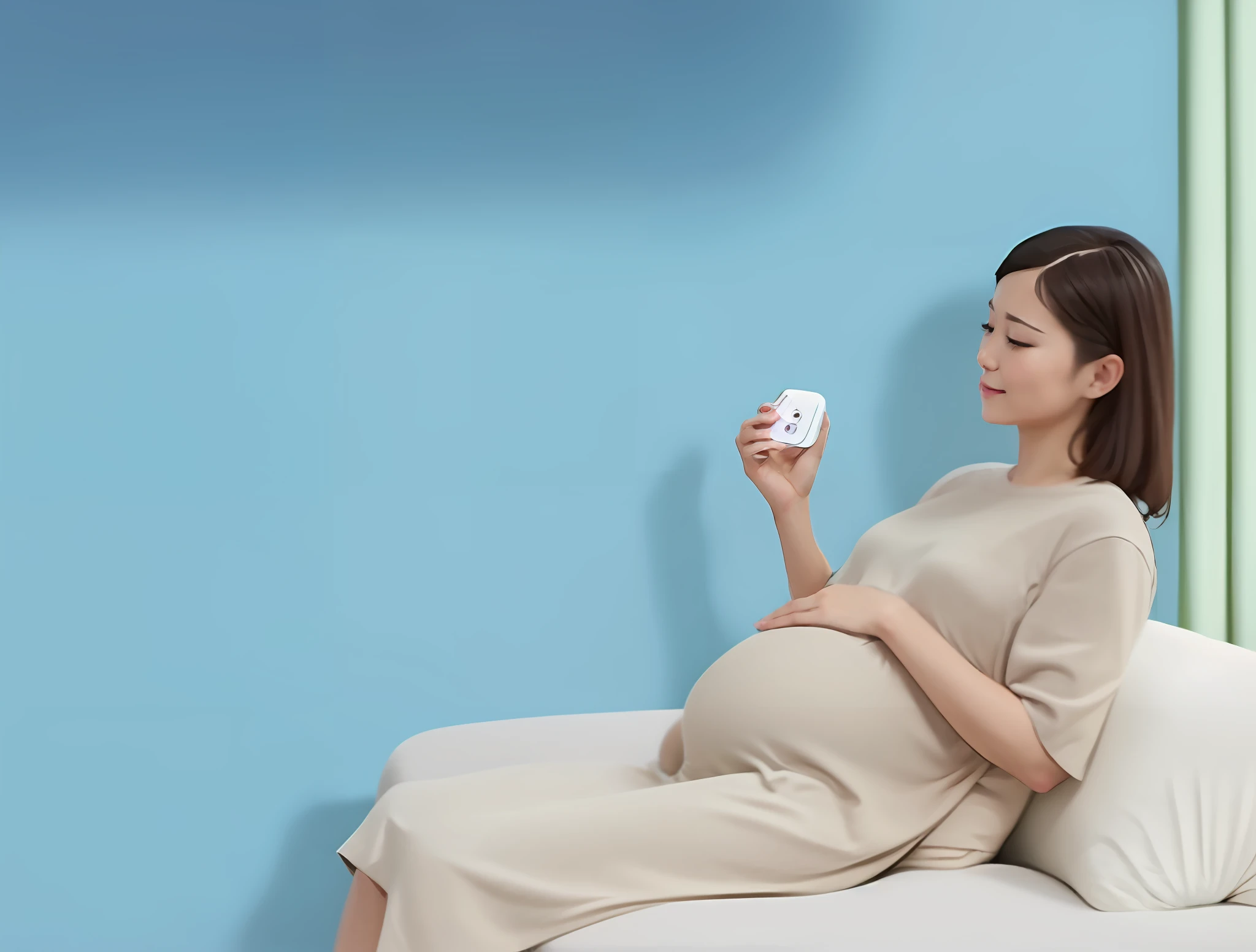Pregnant woman sitting on the sofa and holding the remote control, pregnancy, pregnant, advertising image, motherhood feeling, motherhood photography 4k, pregnant belly, profile photo, light green background, ji-min, product introduction photo, bottom corner, fine brushwork, detailed image , jia, 40mm, 4 0 mm, 40 mm, easy to use