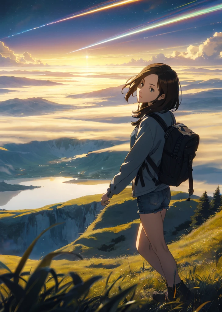 (beautiful and magnificent skyline, majestic sky), (extremely tense and dramatic pictures, moving visual effects), (high hanging Polaris, colorful natural light), (1girl), (long-sleeved top, denim shorts, carrying a backpack), (dynamic pose:1.3, black eyes, black hime-cut hair, sparkling girl)[:0.8], (large grassland), (oncoming breeze), (brown hair and background Coordination effect: 1.2), (close shot, long shot mix and match)[::0.9]