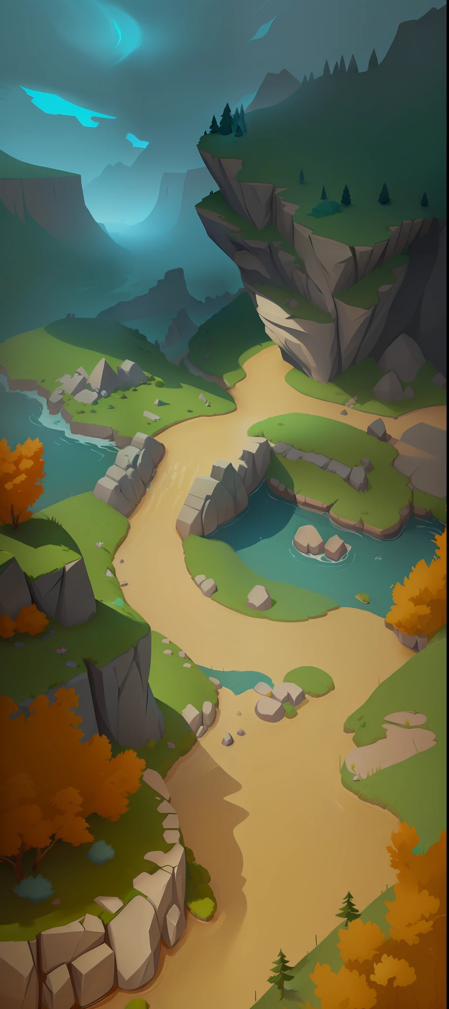 there is a cartoon style image of a river running through a valley, stylized concept art, stylized game art, odin's stone arena background, arena background, painted as a game concept art, mobile game background, stylized shading, background art, detailed game art, simple stylized, stylized art, mobile game art, stylized painting, stylized background