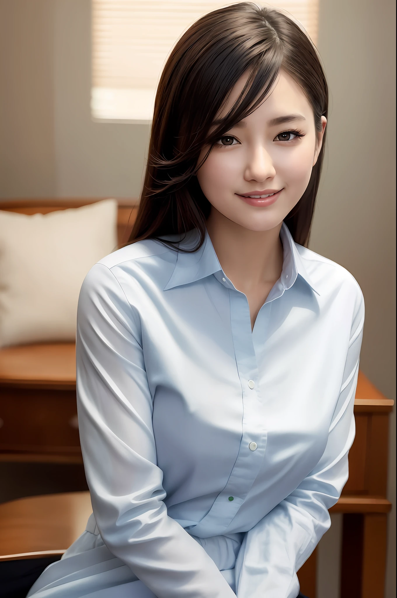 8k, best quality, masterpiece: 1.2), (realistic, photorealistic: 1.37), super detail, 1 girl, pretty Korean girl, cute, solo, night, sitting, (smile: 1.15), medium breasts, black short hair ,black eyes, drooping eyes, very detailed lips, highly detailed nose, highly detailed skin, highly detailed face, extremely realistic facial skin, (collar shirt:1.1), highly detailed clothes, business attire, white Race, smiling face, cowboy shot, upper body,