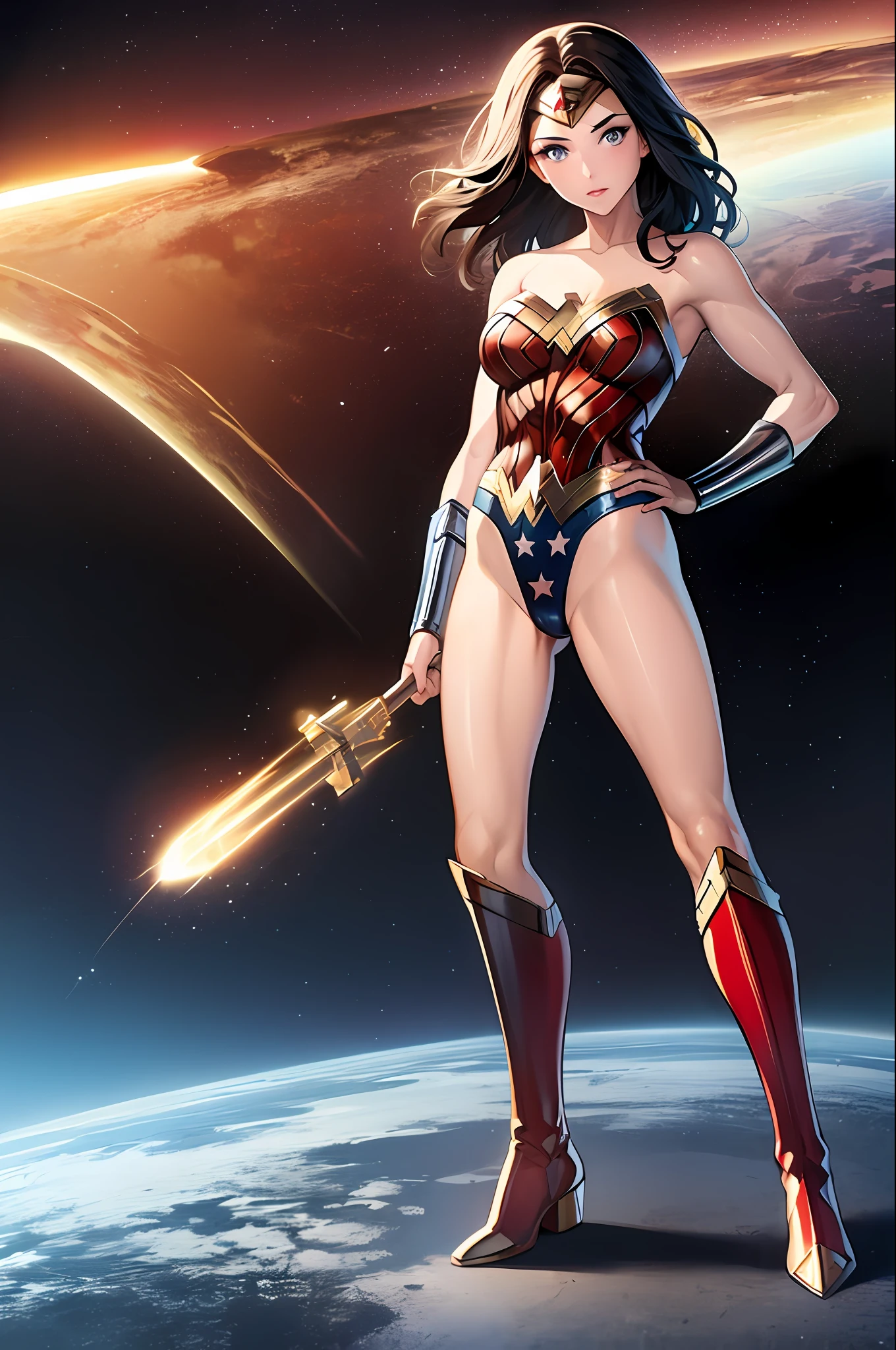 masterpiece, best quality, 1girl, wonder woman, solo, leotard, boots, space, space backdrop, stand, hand on hip, matching boots,
