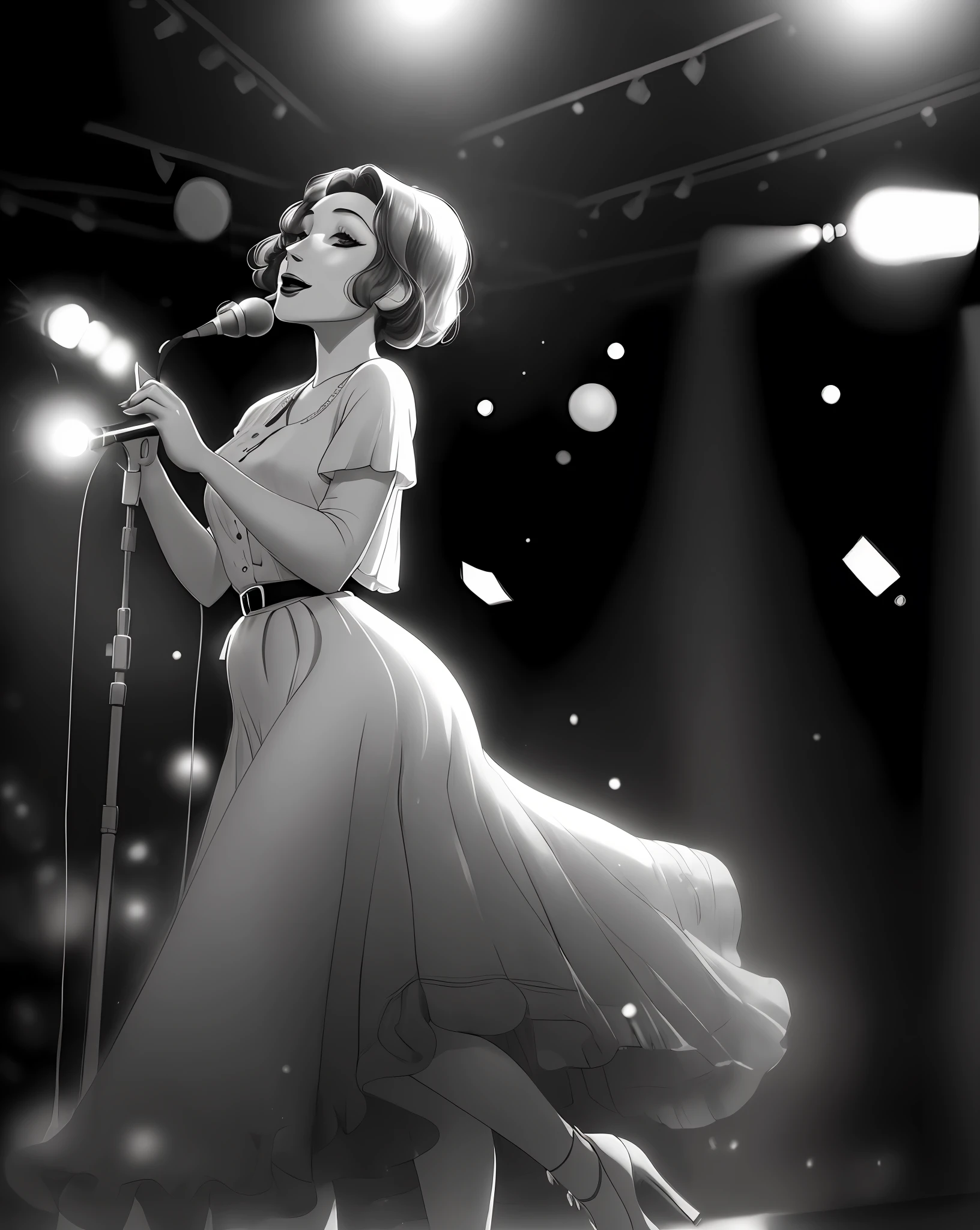 "((40s fashion), black and white),(romantic lighting+soft focus),(charismatic jazz singer),(standing in the spotlight),(adorable+entrancing) emotion."