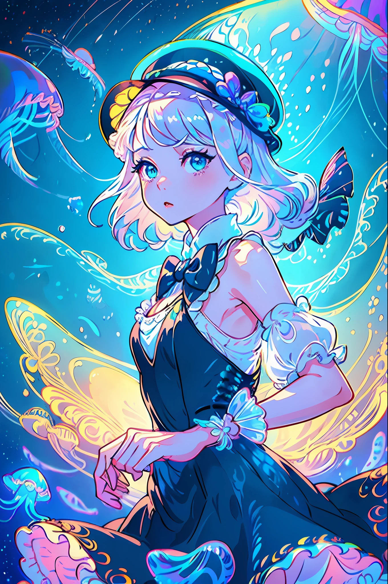 ((masterpiece)),(illustration),(((best quality)),iridescent, ((beautiful detailed girl)),jellyfish_girl,small breast,upper_body, (delicate cute face),lovestruck,(iridescent eyes), ((floating_hair)),iridescent,(jellyfish_hat),bow, dark_blue dress,bowties,laces,ribbons,pearl, (in deep_sea),fishes,(jellyfish),beautiful landscape,