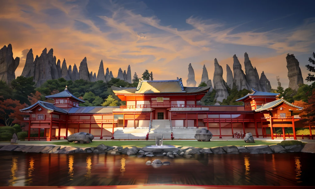 there is a large red building with a fountain in front of it, japanese temple, buddhist temple, japanese temples, ancient japanese architecture, hobbit monastery on hawaii, ancient chinese architecture, large temples, buddhist architecture, zen temple background, water temple, chinese temple, chinese building, japanese architecture, chinese architecture, a mystical temple, inspired by Itō Jakuchū