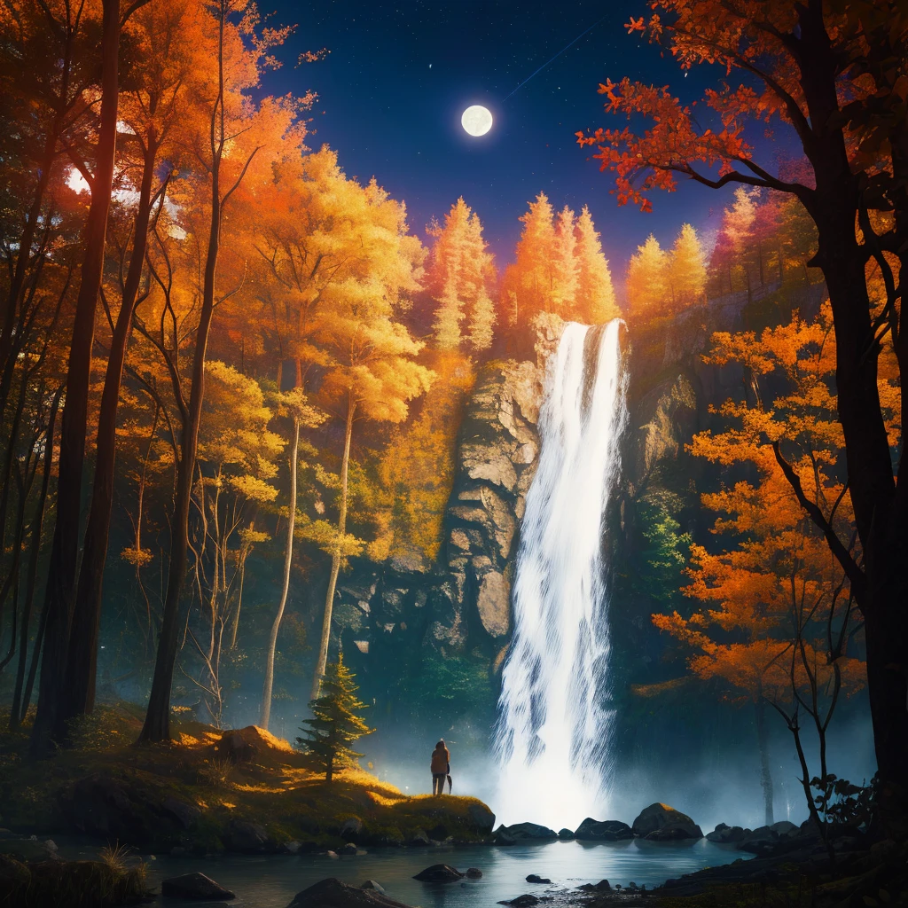 Background woodland, mountains, waterfall, moon, warm colors, clear sky, night, crickets, cinematic lighting