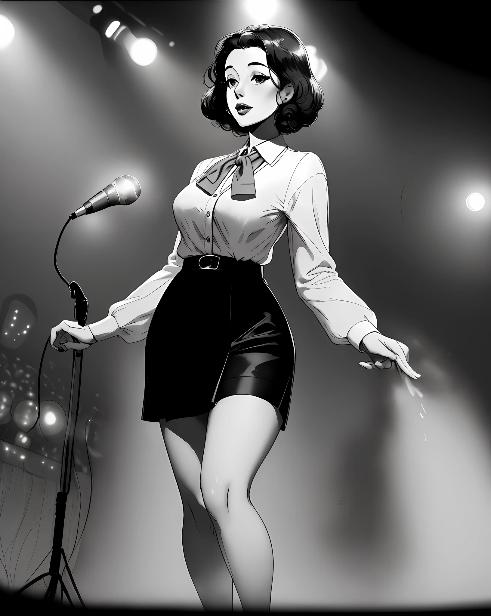 ((40s fashion), black and white),(romantic lighting+soft focus),(charismatic jazz singer),(standing in the spotlight),(adorable+entrancing) emotion, mini skirt, school uniform