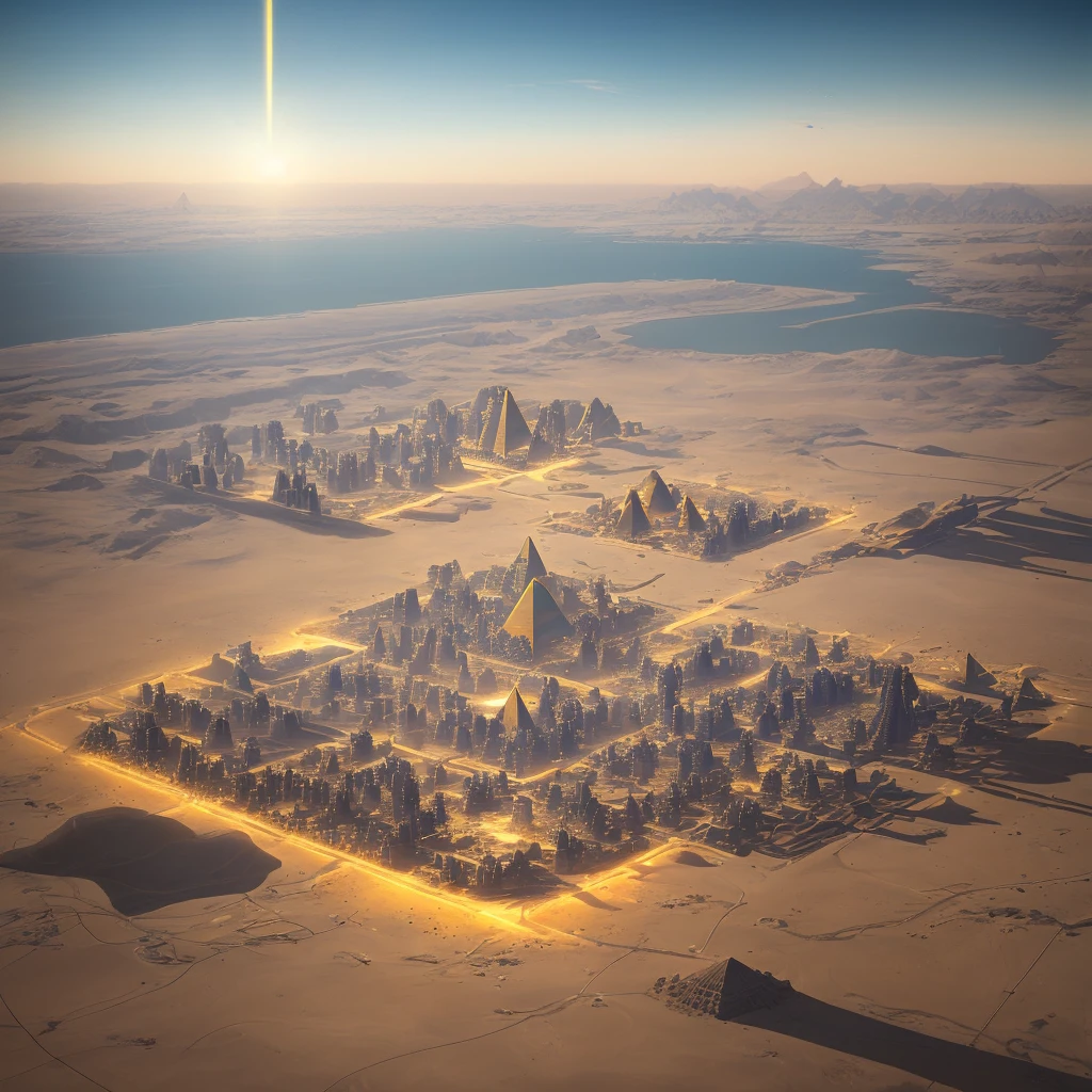 "OldEgyptAI, ((Future Egyptian City)|(Air Array)), flying pyramids, cyberpunk in the yellow desert, film-level light and shadow effects, Tyndall effect, high contrast, many ancient or high-tech aircraft interlaced :(2),((8k|ultra HD):1.2), realistic masterpiece, (realistic clouds|diffuse sunlight effect): 1.4, (neon lights: 1.3), whirlwind or sandstorm special effects: 1.2"