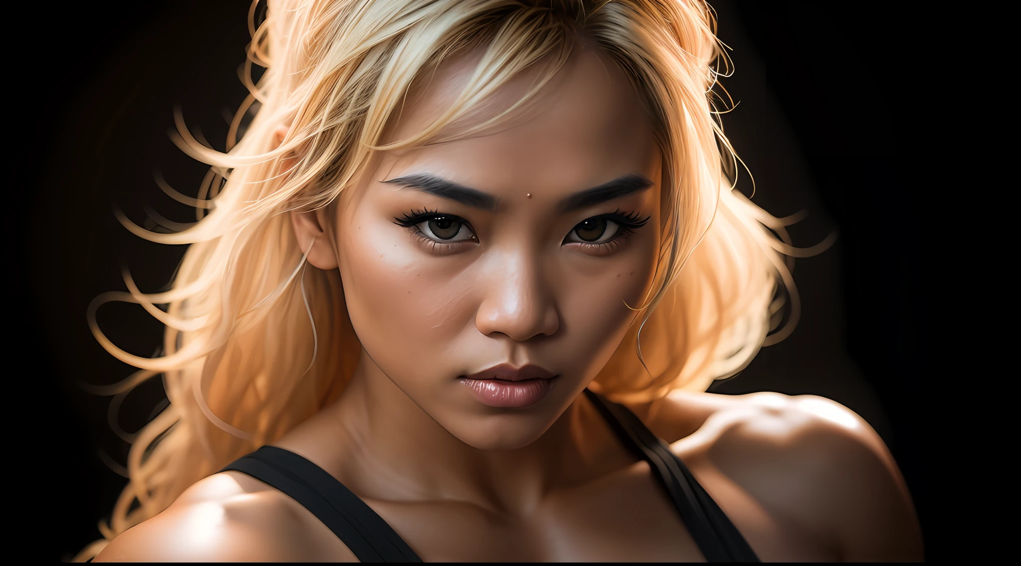 A beautiful young Thai woman with blond hair and a bodybuilder physic, large breasts, wearing a torn t-shirt, photorealistic, photo, masterpiece, realistic, realism, photorealism, high contrast, photorealistic digital art trending on Artstation 8k HD high definition detailed realistic, detailed, skin texture, hyper detailed, realistic skin texture, armature, best quality, ultra high res, (photorealistic:1.4),, high resolution, detailed, raw photo, sharp re, by lee jeffries nikon d850 film stock photograph 4 kodak portra 400 camera f1.6 lens rich colors hyper realistic lifelike texture dramatic lighting unrealengine trending on artstation cinestill 800,