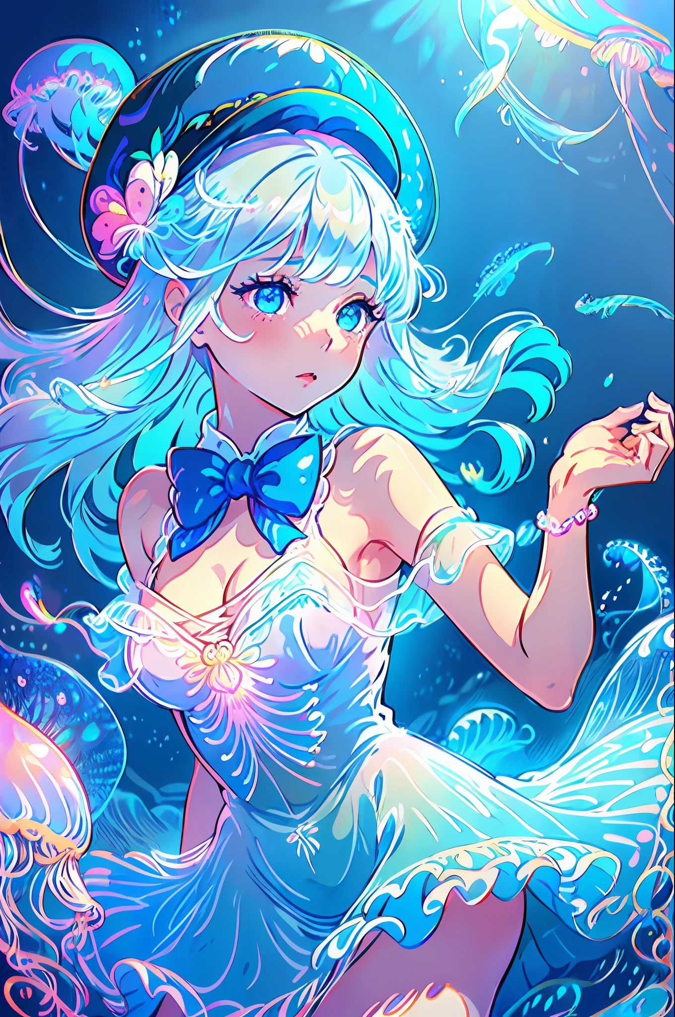 ((masterpiece)),(illustration),(((best quality)),iridescent, ((beautiful detailed girl)),jellyfish_girl,small breast,upper_body, (delicate cute face),lovestruck,(iridescent eyes), ((floating_hair)),iridescent,(jellyfish_hat),bow, dark_blue dress,bowties,laces,ribbons,pearl, (in deep_sea),fishes,(jellyfish),beautiful landscape,