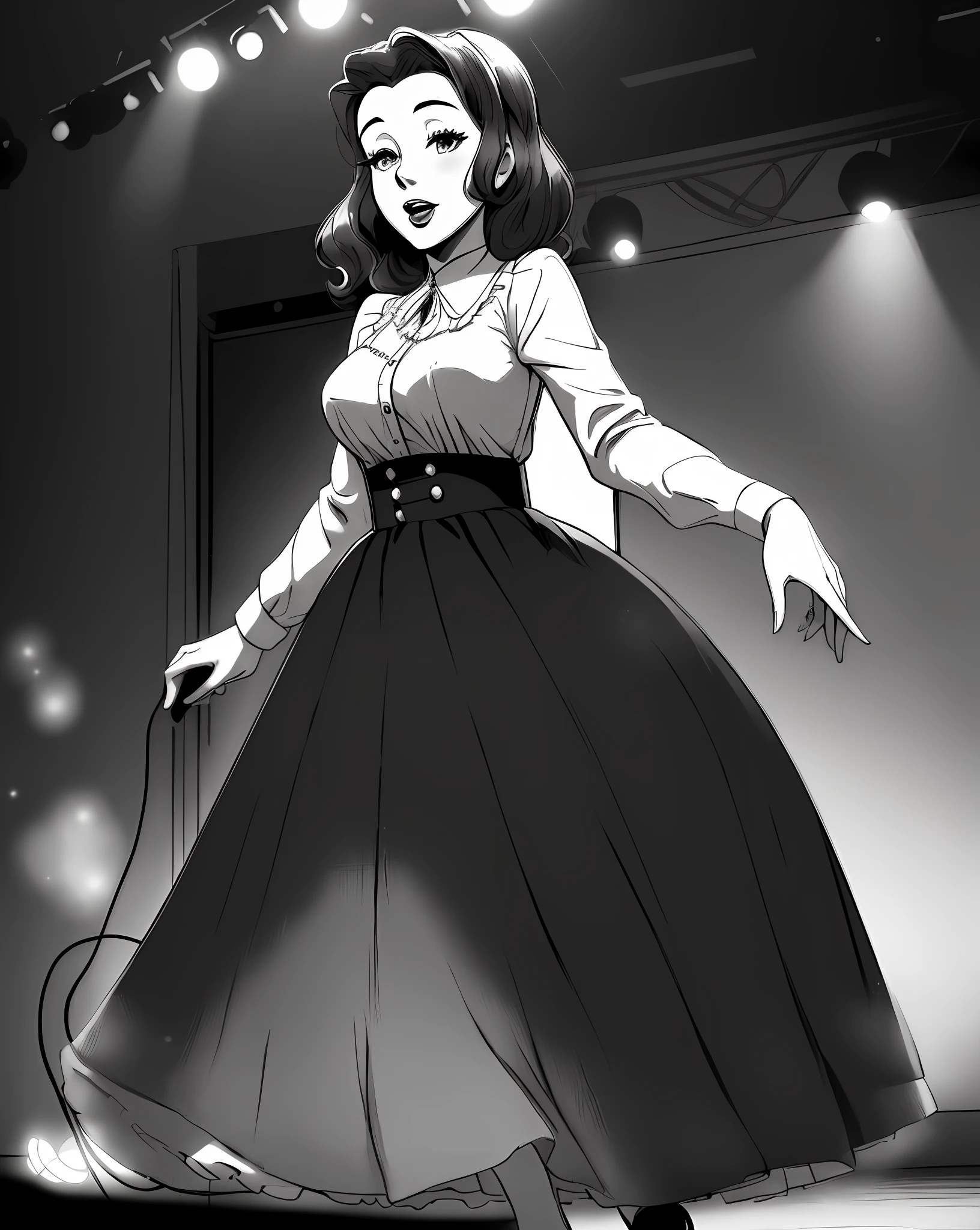 ((40s fashion), black and white),(romantic lighting+soft focus),(charismatic jazz singer),(standing in the spotlight),(adorable+entrancing) emotion, anime maid style, long skirt, modest