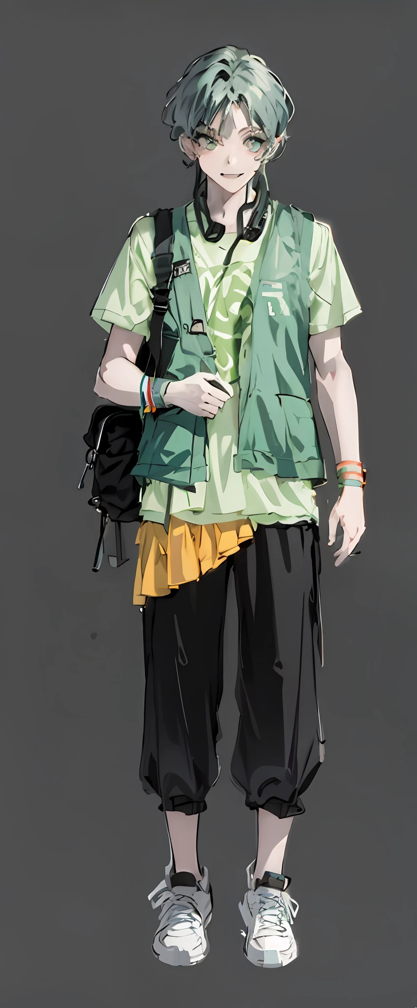 Generate a male, vertical drawing, full body portrait, anime style, dark green vest, light green T-shirt, black shorts, backpack, light green hair, exquisite facial features, long eyelashes, solid round eyes, light smile, red ears, sharp teeth, Surreal, shadows, embossed, diorama, vertical painting, pov, atmospheric perspective, modern, high detail, drop shadow, 8k, super detail, precise, best quality, ultra hd, super detail, high detail, high quality, texture Skins, Ultra HD, Masterpiece, Best Quality, High Resolution, 1080P, HD, 4K