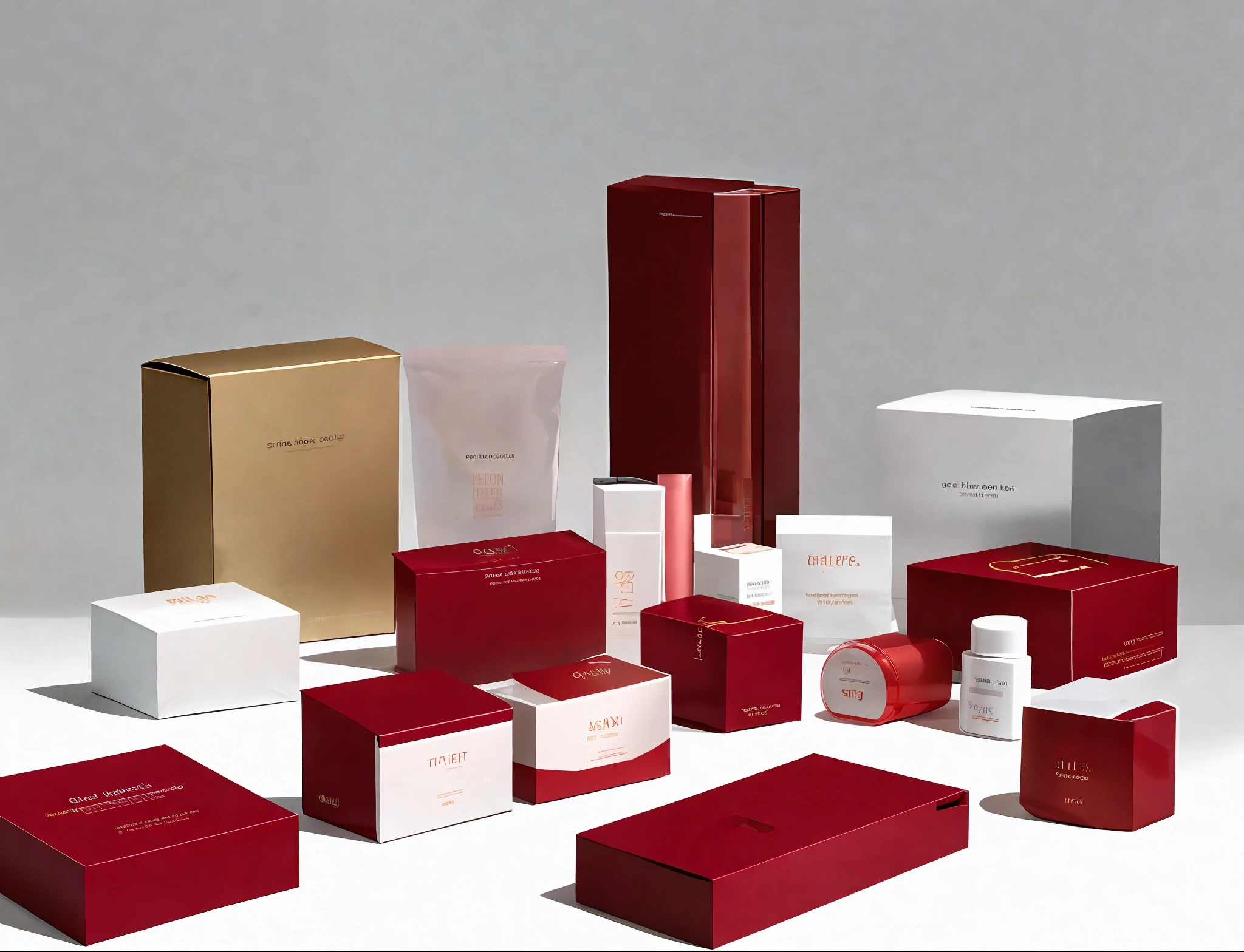 Skincare color box, more details in the color box design with modern packaging, simple atmospheric design, product labels skincare, red as the main color, gold as a supplement, skincare packaging box photography, paper box packaging, thin rectangular paper box, simple senior style, centered composition, high perspective, octane rendering, volume light, white, high detail, minimalism, still life photography