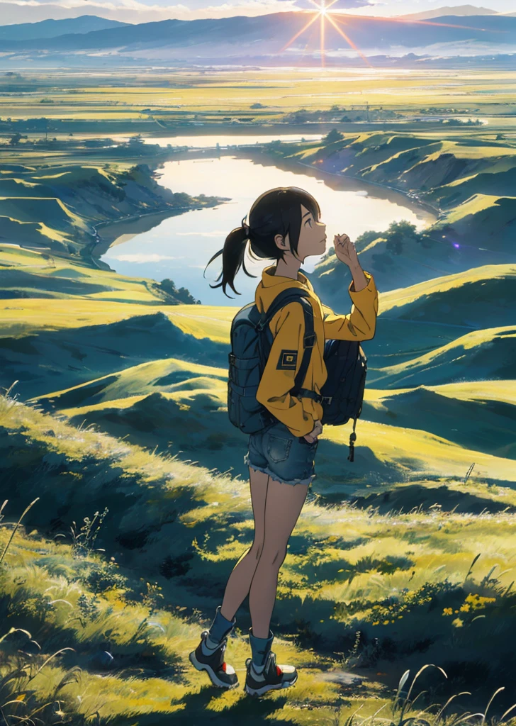 The vast sky, beautiful skyline, large grasslands, extremely tense and dramatic pictures, moving visual effects, the high-hanging Polaris, and colorful natural light. Long-sleeved top, denim shorts, and a girl with a backpack.