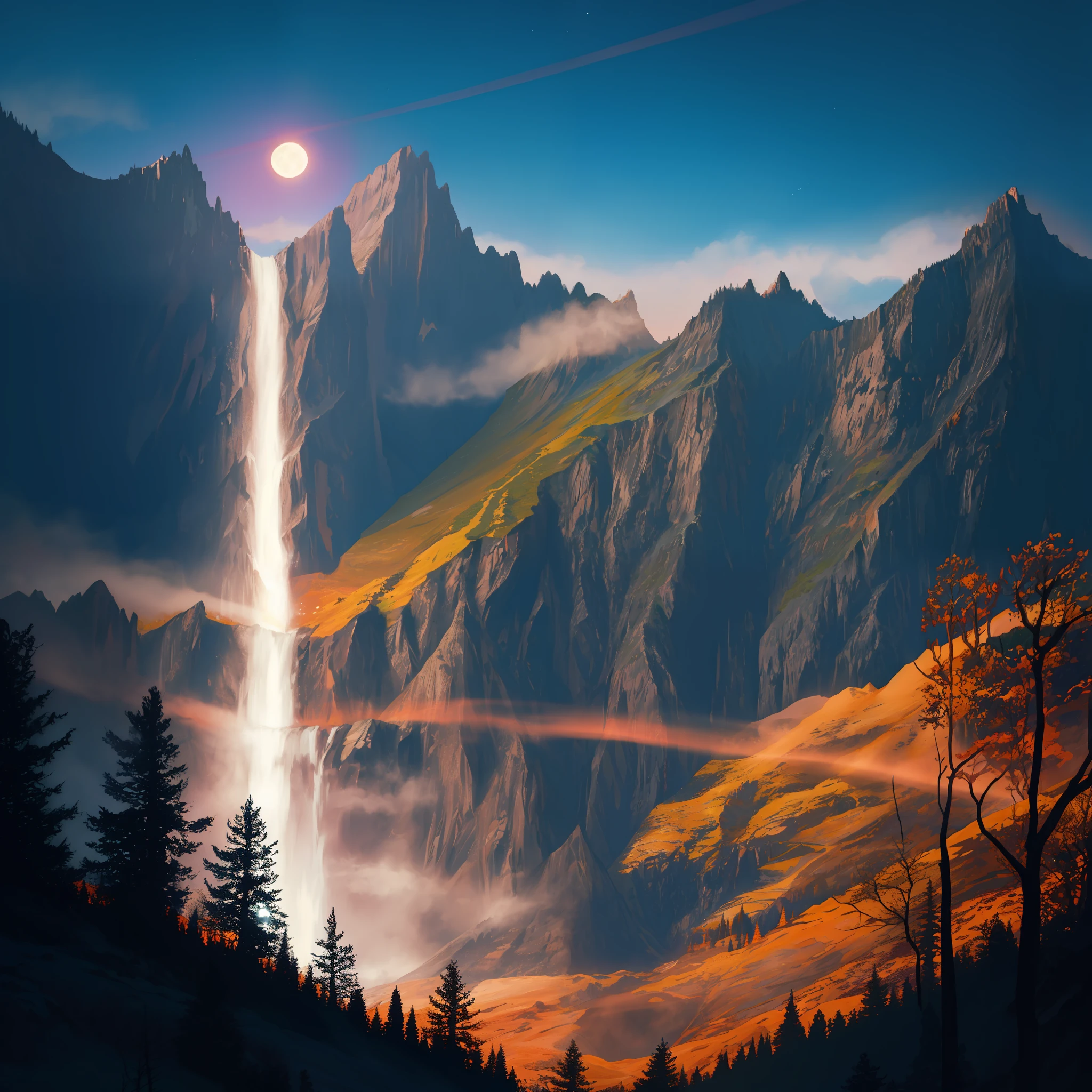 Background woodland, mountains, waterfall, moon, warm colors, clear sky, night, crickets, cinematic lighting