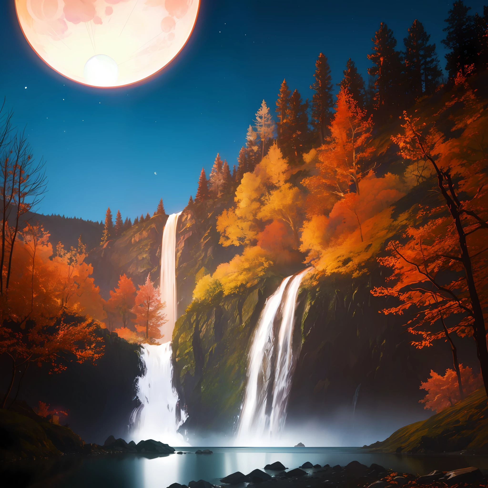 Background woodland, mountains, waterfall, moon, warm colors, clear sky, night, crickets, cinematic lighting