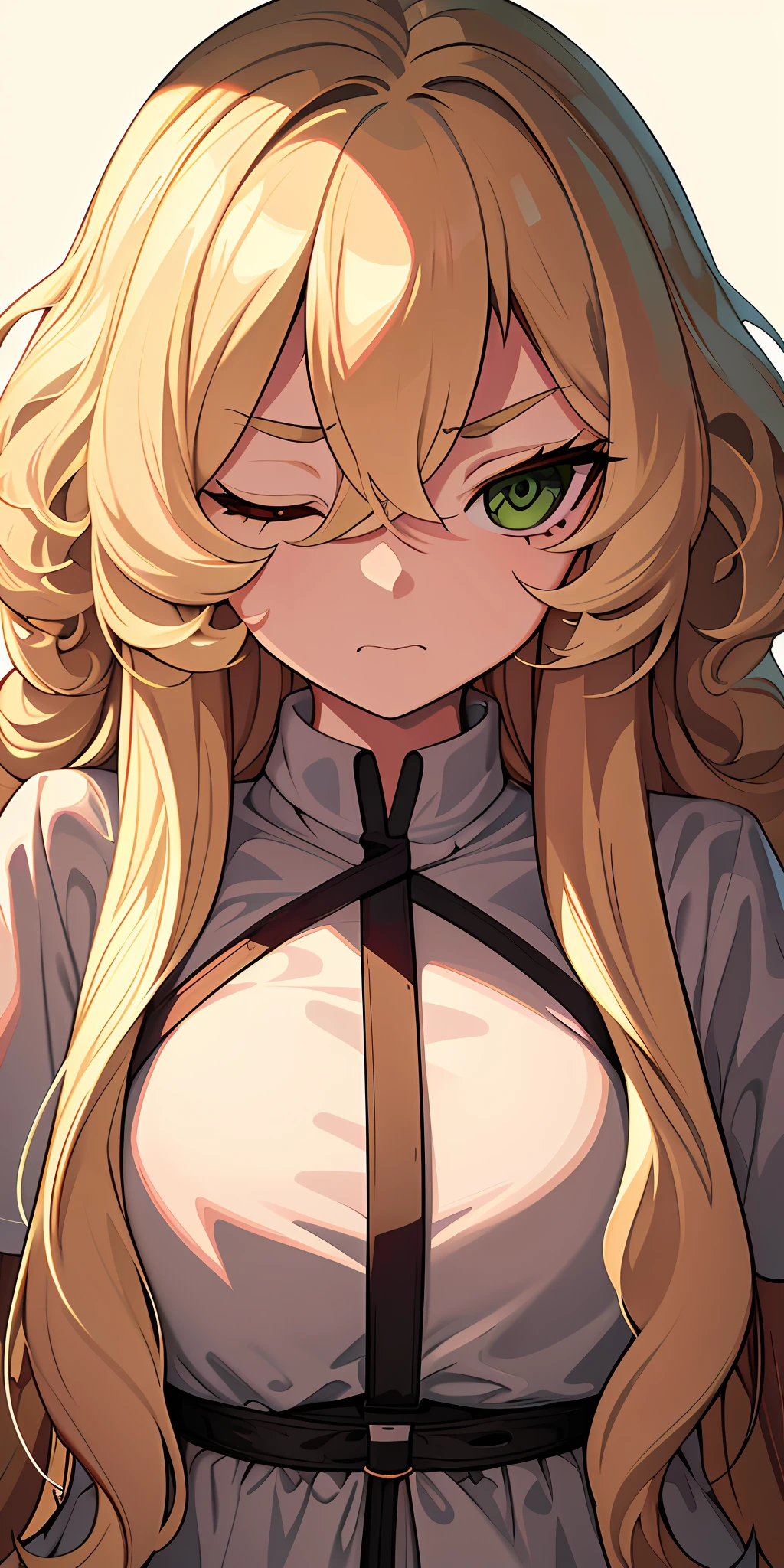 ((masterpiece)), ((best quality)), strong outlines, digital art, perfection, 1girl, solo, solo focus, portrait, sticker, one eye closed, annoyed, beautiful, white background, long hair, strong outlines, , ((blonde beige hair:1.3)), green eyes, super long hair, ((wavy hair)), featured on pixiv, trending on artstation