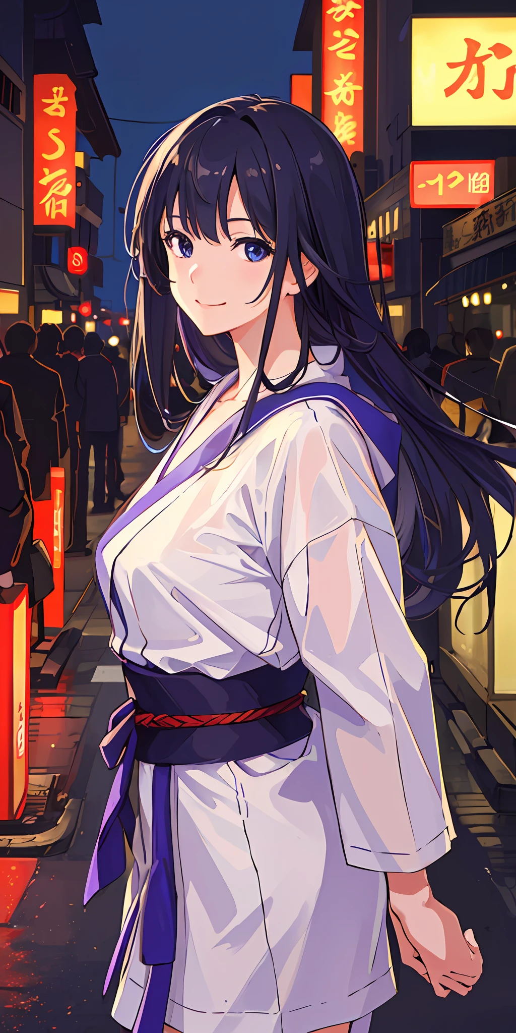 1girl,Tokyo street,night,cityscape,citylights,upperbody,close-up,smile,, (8k, RAW photo, best quality, Masterpiece:1.2),(realistic, photo-realistic:1.37), Raiden Shogun, Raiden, Request A smile, a smooth texture of clothes, a delicate image, delicate eyes,