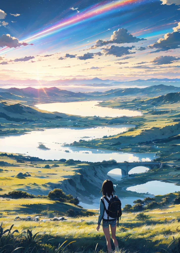 The vast sky, beautiful skyline, large grasslands, extremely tense and dramatic pictures, moving visual effects, the high-hanging Polaris, and colorful natural light. Long-sleeved top, denim shorts, and a girl with a backpack.