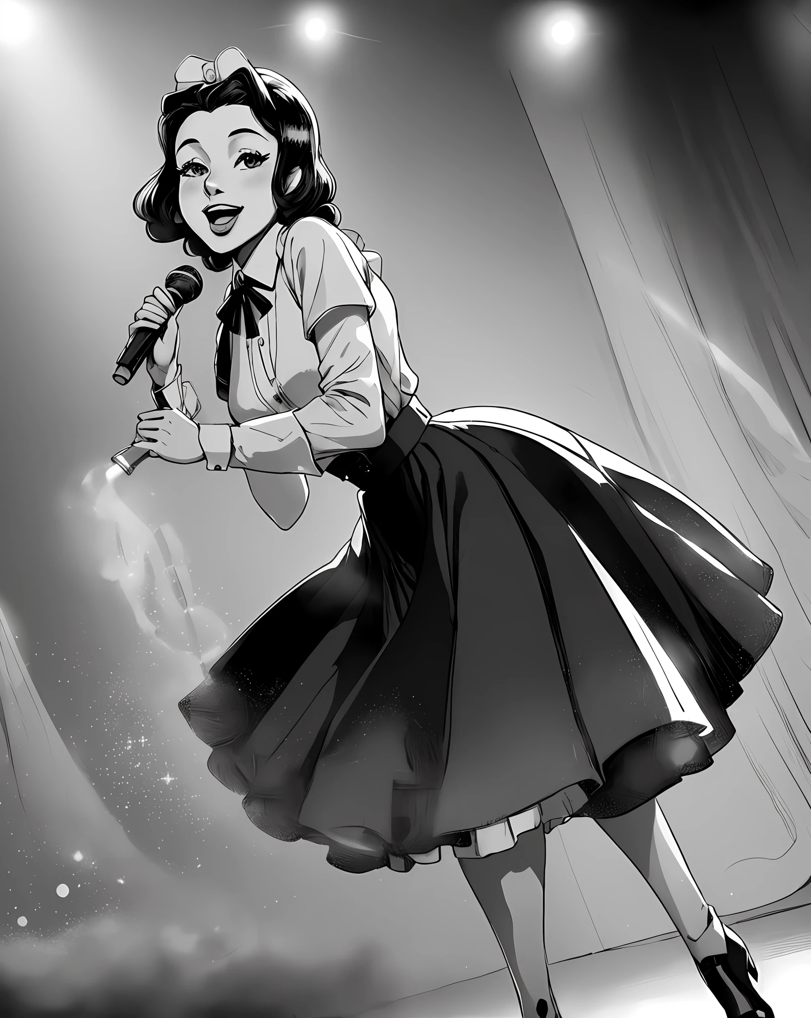 ((40s fashion), black and white),(romantic lighting+soft focus),(charismatic jazz singer),(standing in the spotlight),(adorable+entrancing) emotion, anime maid style, long skirt, modest