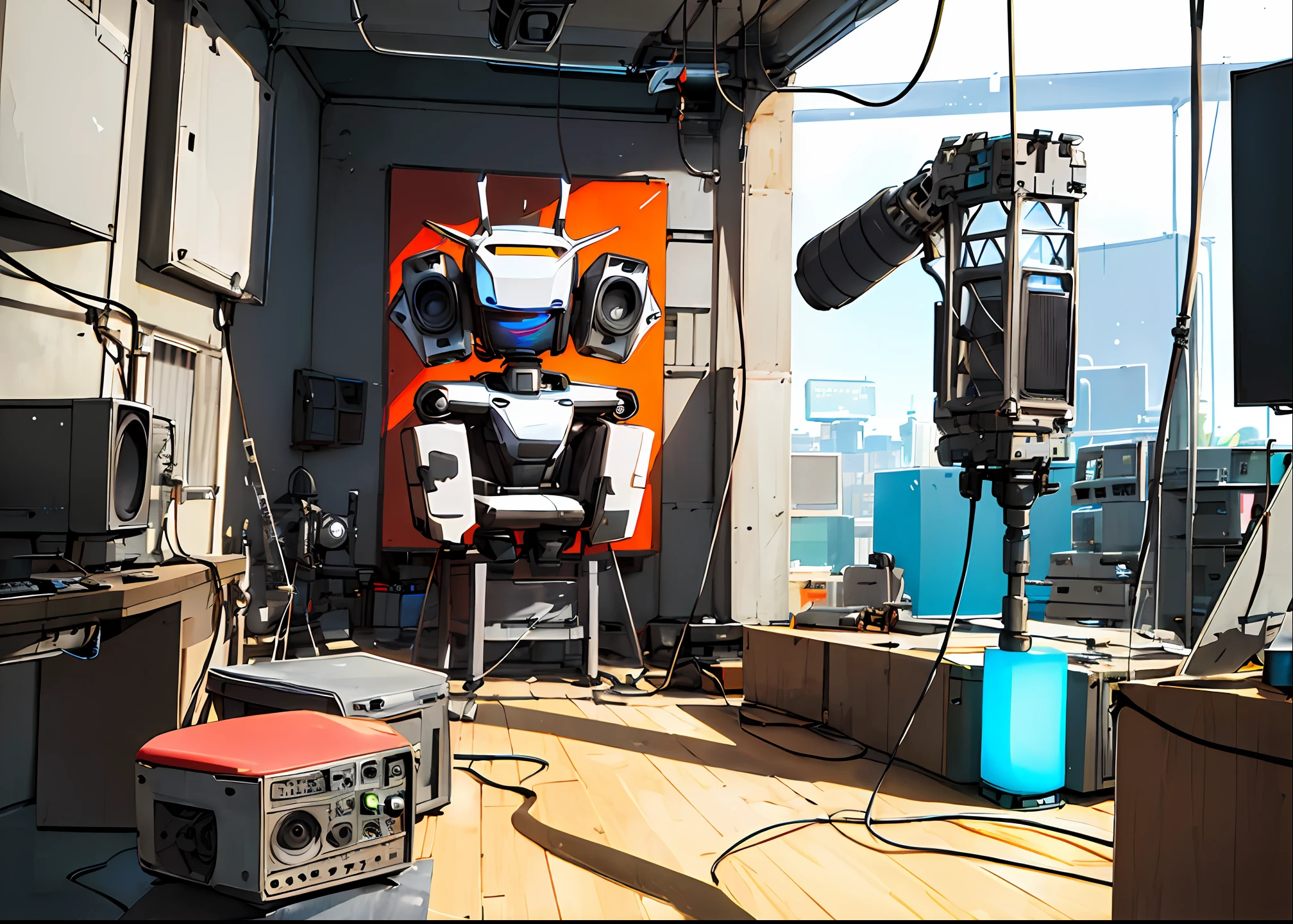 The anchor of the bionic robot is hosting a colorful radio program in the live broadcast room of the radio station.