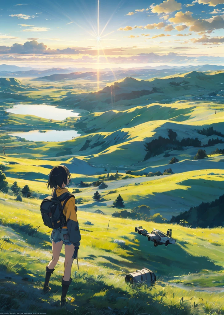 The vast sky, beautiful skyline, large grasslands, extremely tense and dramatic pictures, moving visual effects, the high-hanging Polaris, and colorful natural light. Long-sleeved top, denim shorts, and a girl with a backpack.