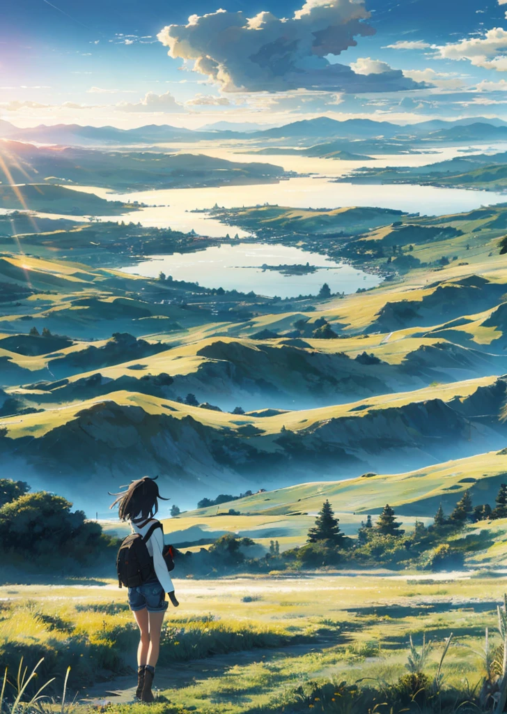 The vast sky, beautiful skyline, large grasslands, extremely tense and dramatic pictures, moving visual effects, the high-hanging Polaris, and colorful natural light. Long-sleeved top, denim shorts, and a girl with a backpack.