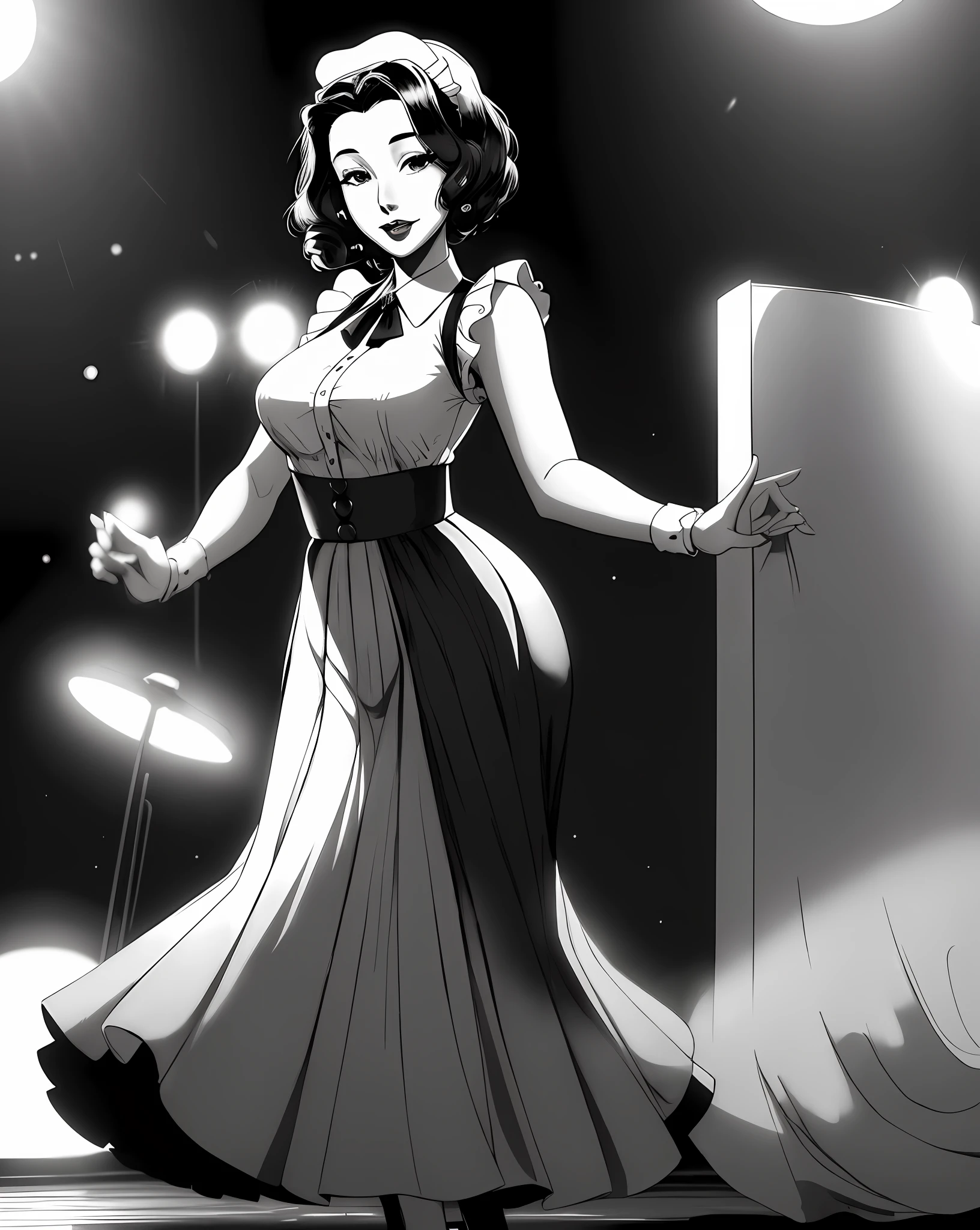 ((40s fashion), black and white),(romantic lighting+soft focus),(charismatic jazz singer),(standing in the spotlight),(adorable+entrancing) emotion, anime maid style, long skirt, modest