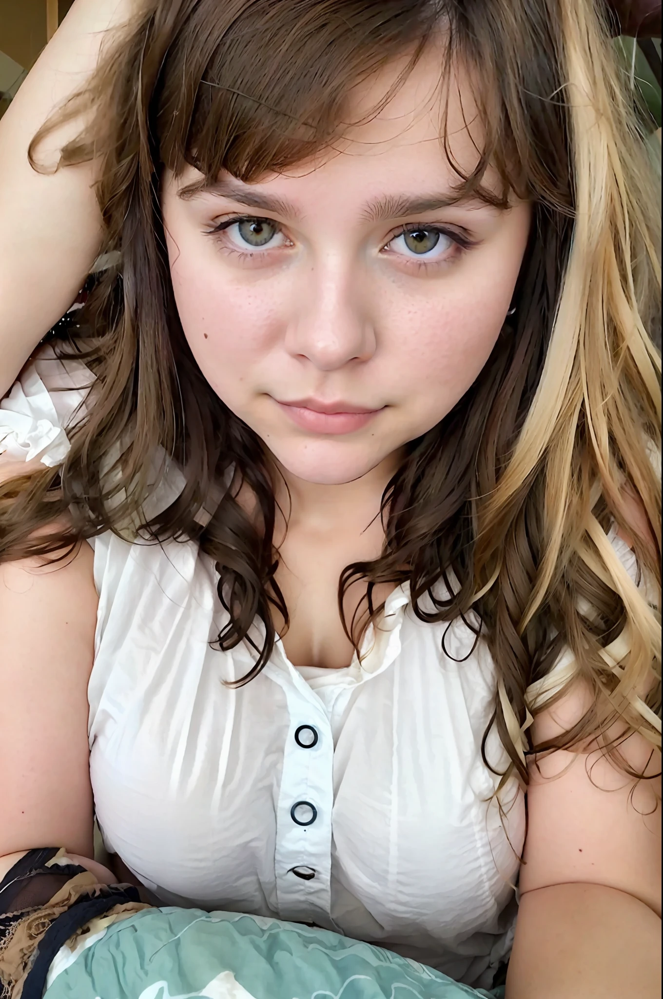 Beautiful, white, chubby, brown curly haired girl, wearing earth tones, medium sized breasts; solid colored background, 22 years old