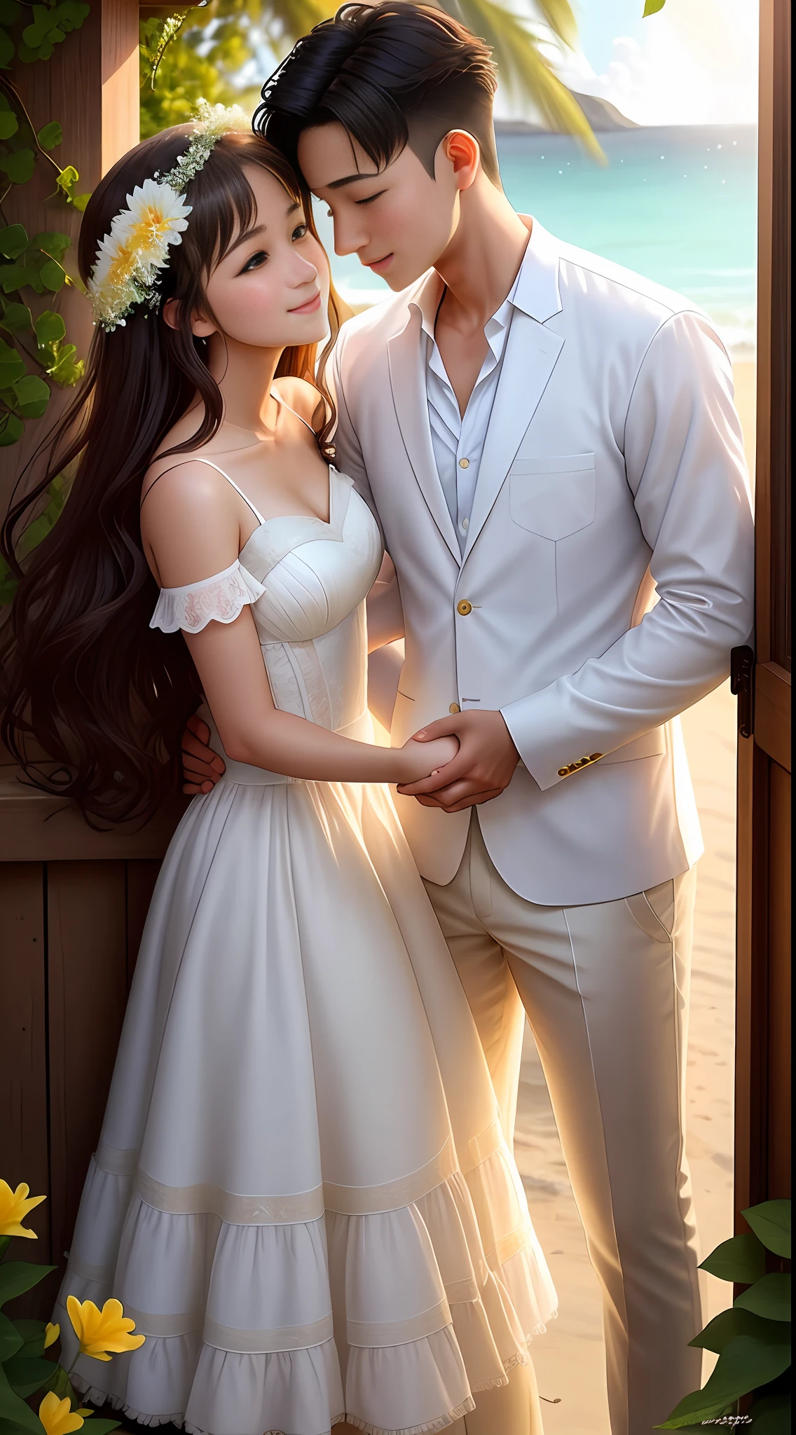 On this bright morning, a young couple walked on the beach holding hands, gradually moving away from the lively beach. Behind them is the endless sea, and the waves beat against the coastline softly, making a pleasant sound. And in front of them is a beautiful garden, full of fragrance, blooming flowers, gorgeous and colorful, like a moving oil painting, it is intoxicating. The girl leaned gently on the boy&#39;s shoulder, their eyes met, and their eyes were full of tenderness and love. The boy stretched out his other hand and stroked the girl&#39;s hair with his fingers. There was a happy smile on the girl&#39;s face. Their clothes are all white, and they look extraordinarily pure and tidy. People can&#39;t help but think of the looks of the new people at the wedding. At this time, the sun has risen, and the sun shines through the leaves and sprinkles pieces of gold, illuminating the couple. Bright smiles bloomed on their lips, as if everything became more beautiful at this moment. This is a moment of extraordinary significance, leaving a deep impression and making people involuntarily intoxicated.