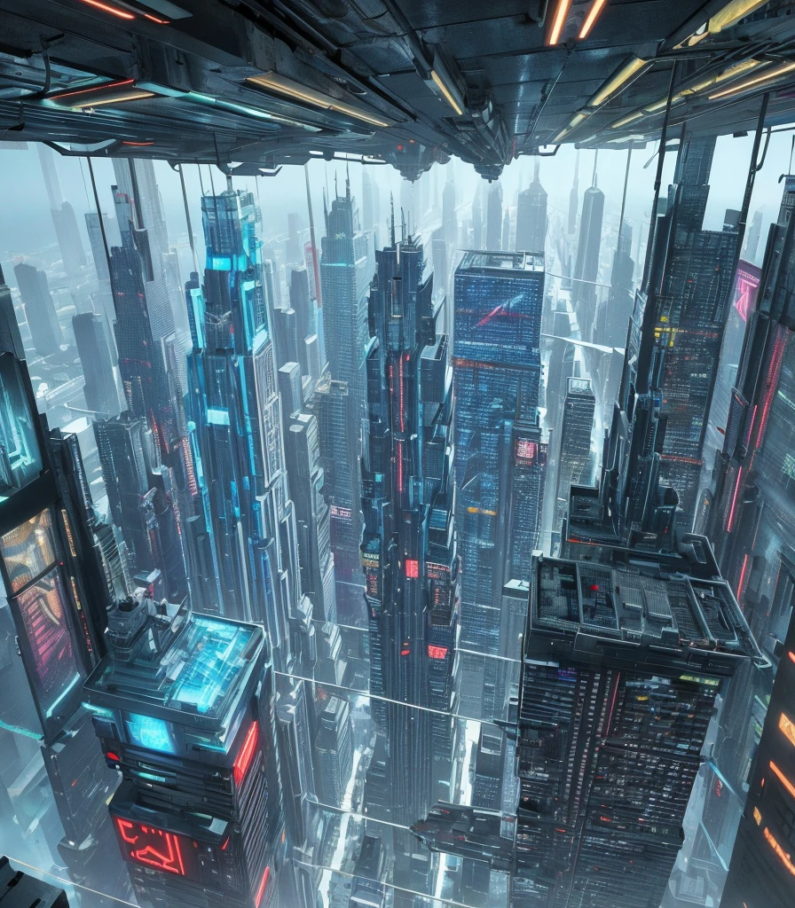 Futuristic Cityscape, ((Cyborg)), (Irregular Architecture), Mechanics, (Cyberpunk), (Levitation Train), Drones, Realistic Lighting, (Abyss) Masterpiece, High Quality, Beautiful Graphics, high detail, spaceship