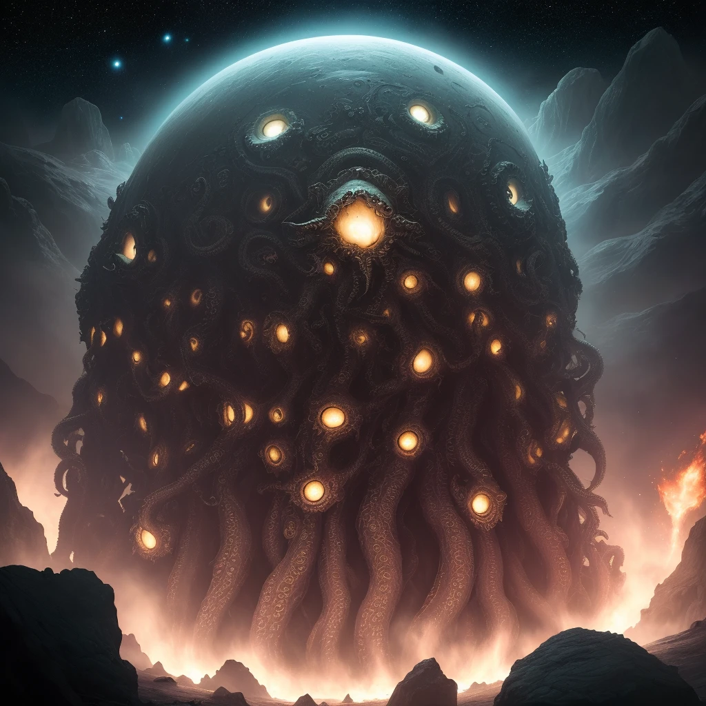 realistic horror of massive space [squid|octopus], lovecraft insprired, tentacles, realistic, horror, destroying old, damaged spaceship