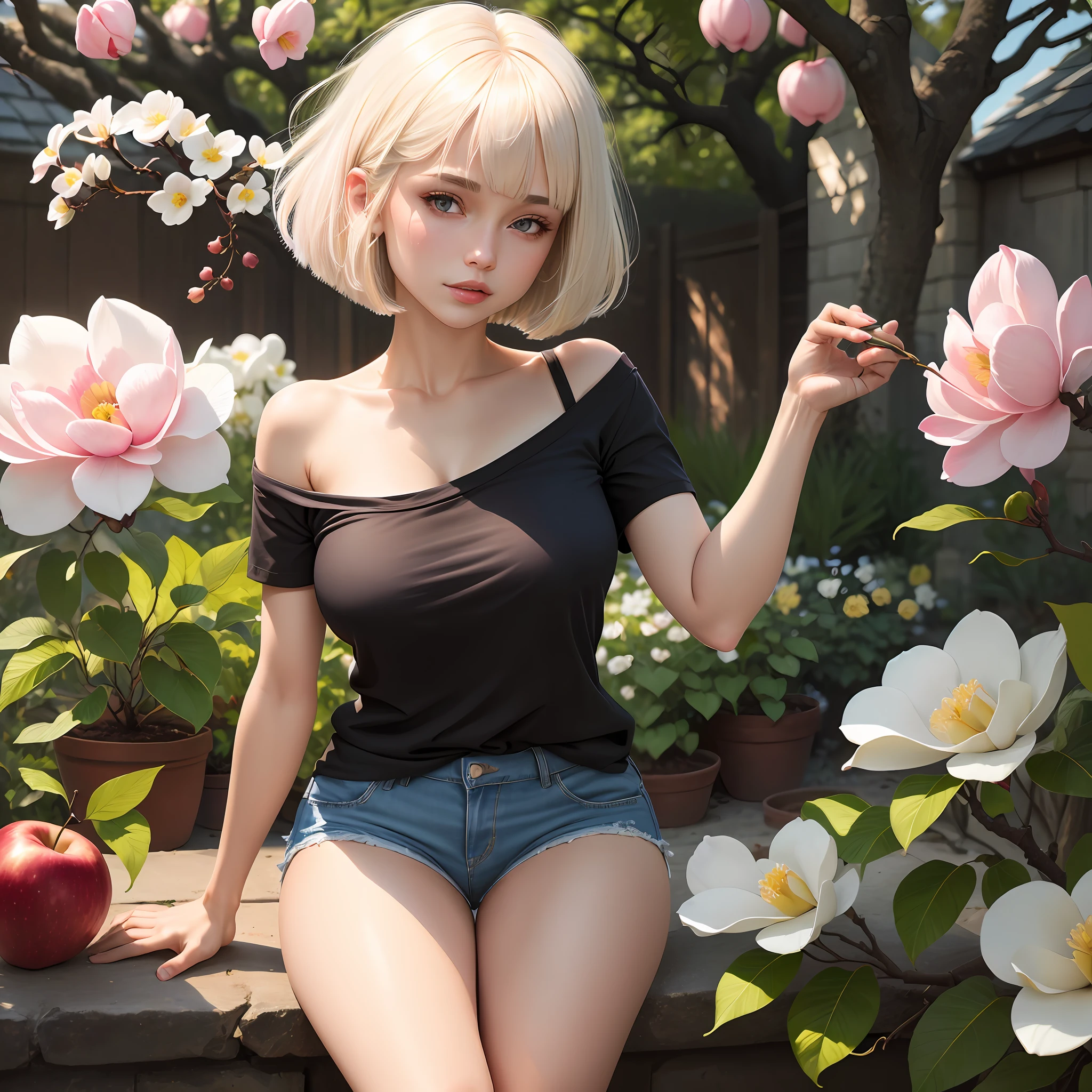 pretty 1girl, absurdres, 8k uhd, platinum blonde hair, bob cut, medium breasts, black tshirt, denim shorts, garden background, flowers, magnolias, apple tree, close up portrait