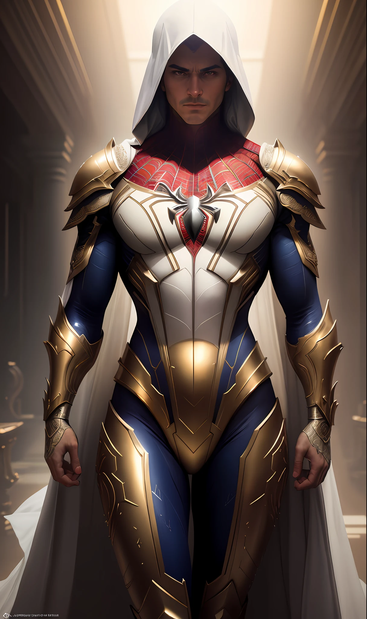 ull body shot of spiderman in white and gold armour style suit, no mask on, white cape, looking at center camera, perfect composition, beautiful detailed intricate insanely detailed octane render trending on artstation, 8 k artistic photography, photorealistic concept art, soft natural volumetric cinematic perfect light, chiaroscuro, award - winning photograph, masterpiece, oil on canvas, raphael, caravaggio, greg rutkowski, beeple, beksinski, giger, trending on artstation, sharp focus, studio photo, intricate details, highly detailed, night city background, by greg rutkowski
