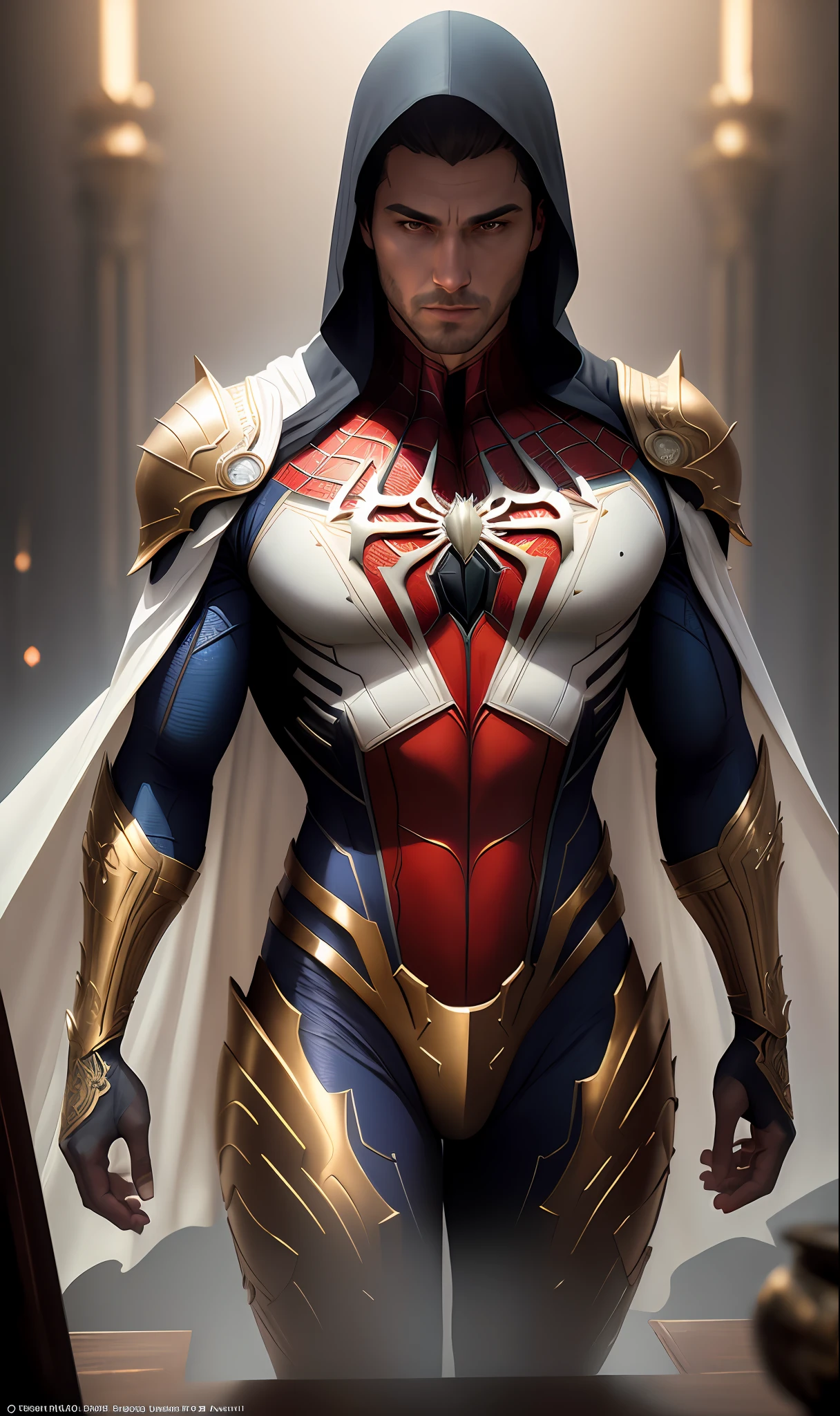 ull body shot of spiderman in white and gold armour style suit, no mask on, white cape, looking at center camera, perfect composition, beautiful detailed intricate insanely detailed octane render trending on artstation, 8 k artistic photography, photorealistic concept art, soft natural volumetric cinematic perfect light, chiaroscuro, award - winning photograph, masterpiece, oil on canvas, raphael, caravaggio, greg rutkowski, beeple, beksinski, giger, trending on artstation, sharp focus, studio photo, intricate details, highly detailed, night city background, by greg rutkowski