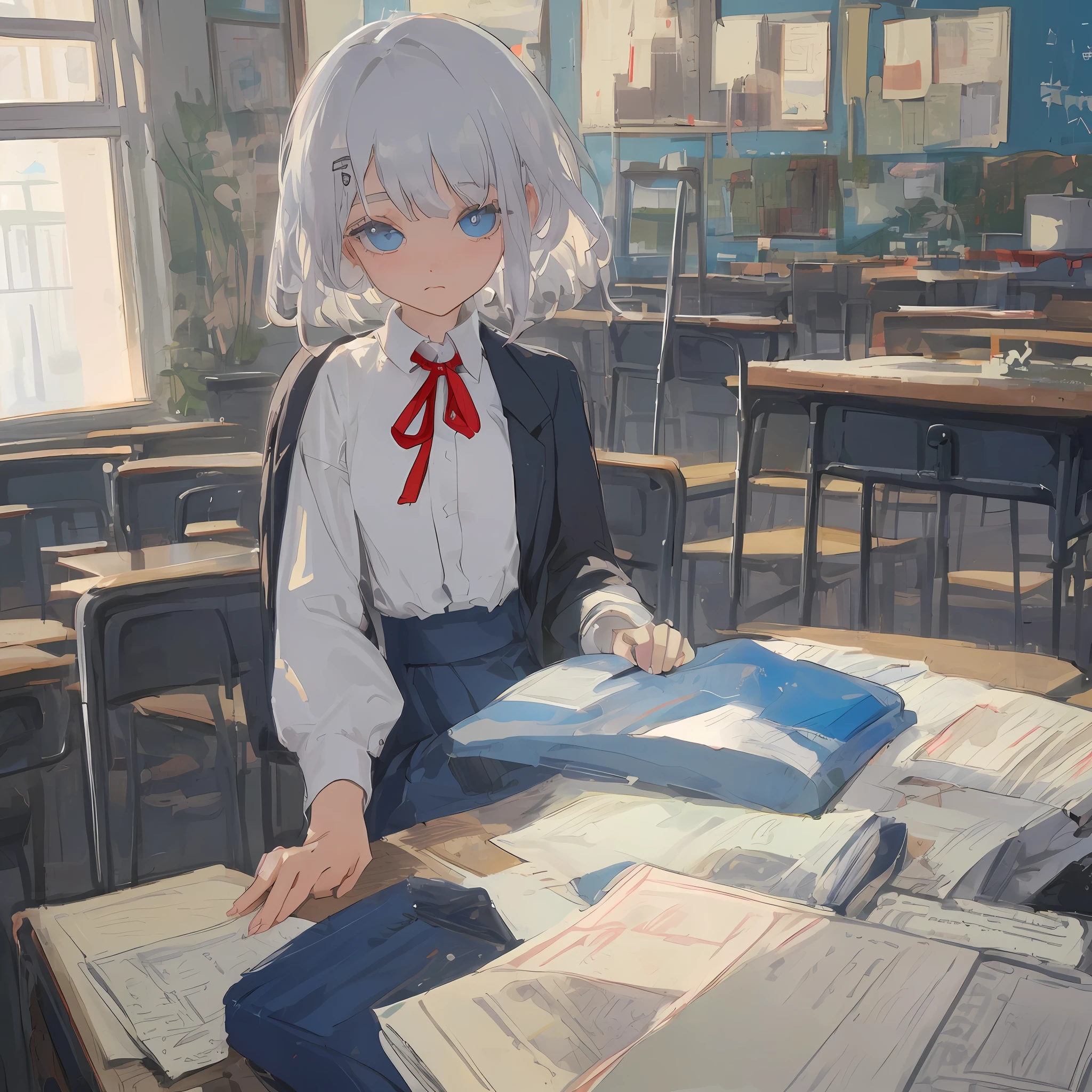 {masterpiece}, (best quality), detailed, {{1 girl}}, (silver hair), (bangs), (tired hair), (short hair: 1.3), (beautiful girl), (dark blue eyes), ( eyelashes), (small breasts: 1.2), (white shirt), {{open shirt}}, (sitting at desk), classroom, daytime, {{three blue hairpins}}, {black blazer}, (blue skirt), (red neck ribbon), (expressionless)