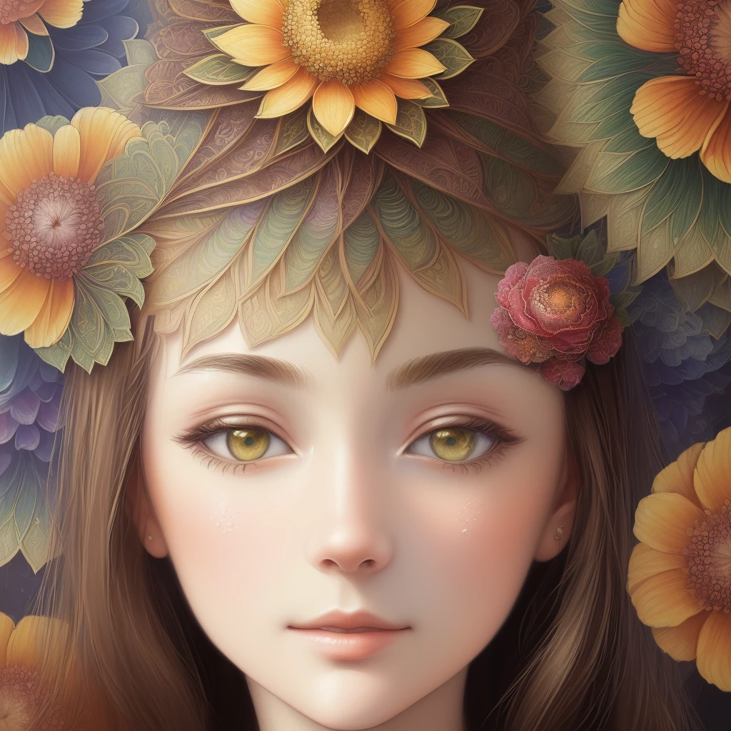 ((masterpiece: 1.4, best quality))+, (super detail)+, (collage art: 1.1), (color field painting: 1.3), (zentangle: 1.3), (floral effects: 1.3), (fractal art: 1.3 ),(flowers),(head),