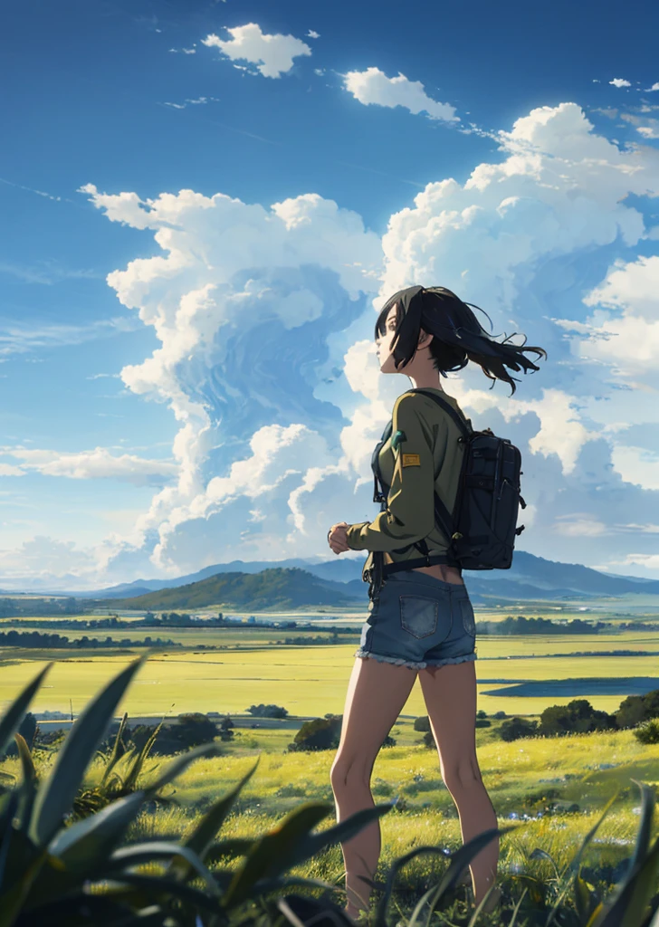 The vast sky, beautiful skyline, large grasslands, extremely tense and dramatic pictures, moving visual effects, the high-hanging Polaris, and colorful natural light. Long-sleeved top, denim shorts, and a girl with a backpack.