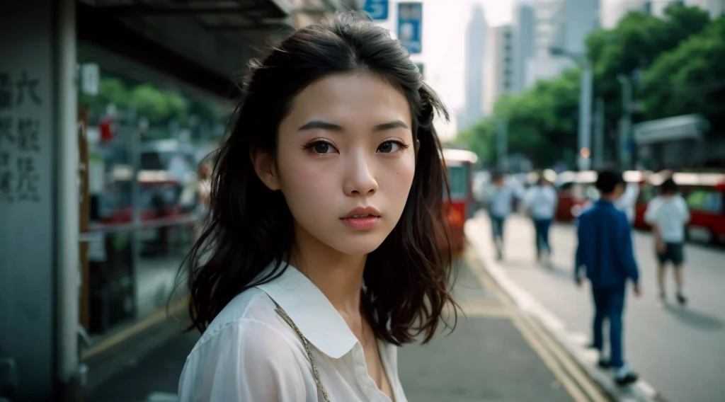 there is a woman standing on the side of the street, a young asian woman, photo of a beautiful woman, japanese model, a beautiful young woman, 50mm portrait, 60mm portrait, a cute young woman, chinese girl, an asian woman, color photograph portrait 4k, soft portrait shot 8 k, beautiful young korean woman