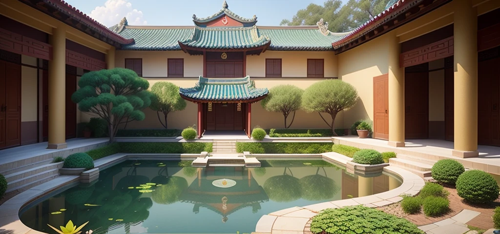 There is a small pond in the middle of the courtyard, with fish ponds and courtyards, Jinshan, a well-designed masterpiece, Chinese Song Dynasty architecture, award-winning masterpiece, inspired by Ito Jakuchong, su fu, inspired by Tōshi Yoshida, Jinyiwei, Fengzhu