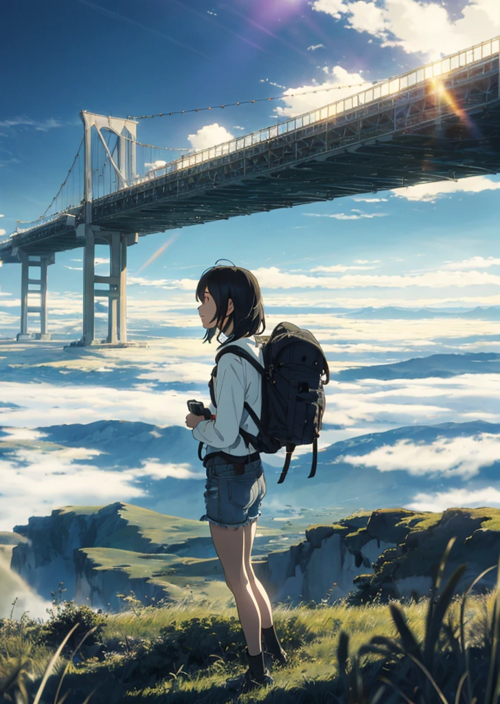 The vast sky, beautiful skyline, large grasslands, extremely tense and dramatic pictures, moving visual effects, the high-hanging Polaris, and colorful natural light. Long-sleeved top, denim shorts, and a girl with a backpack.