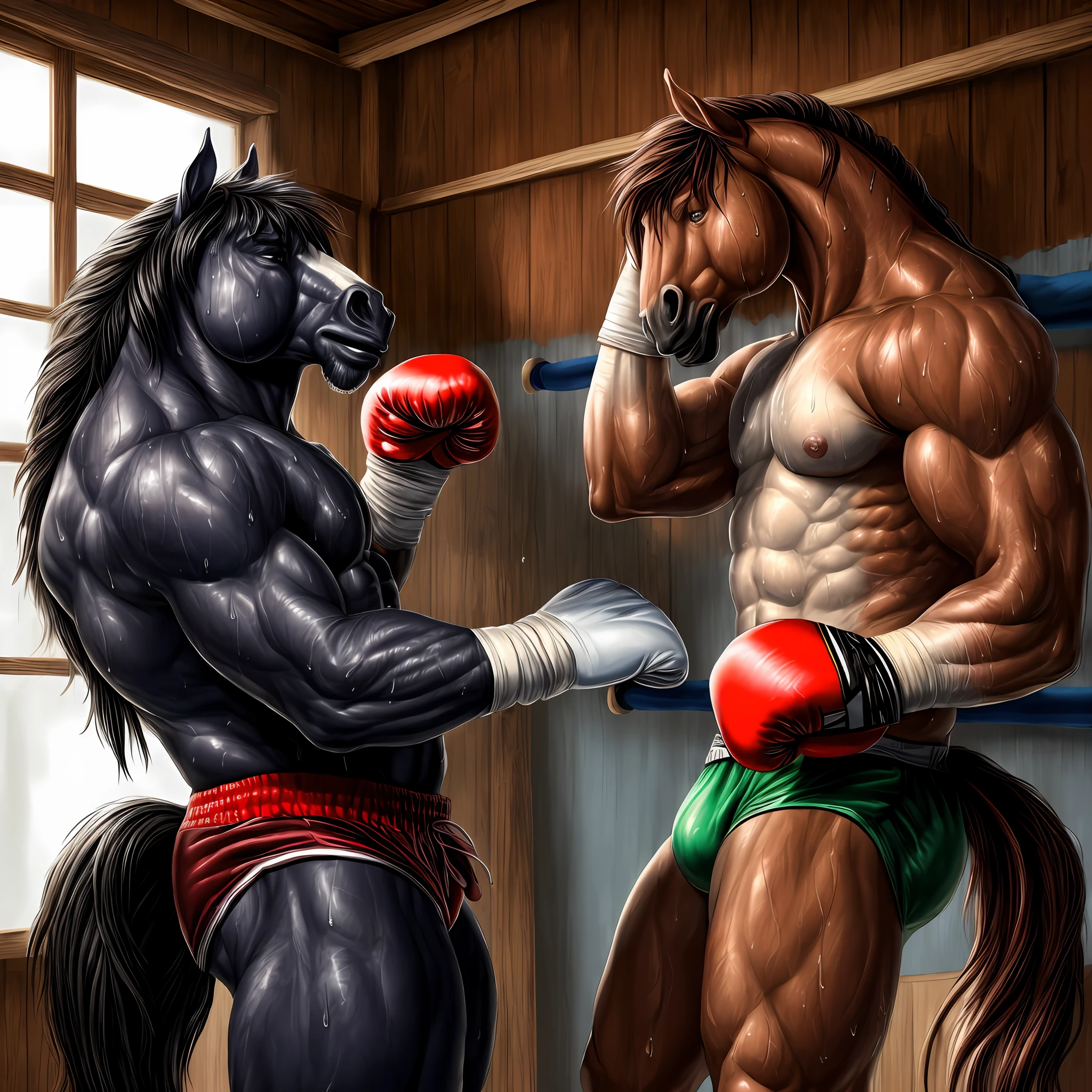 “((Masterpiece)), realistic style, ultra-detailed, high-quality, two anthro horses with muscular builds wearing boxing gloves and trunks, locked in a clinch inside the ring, struggling with exhaustion, coated in sweat and showing signs of fatigue.”