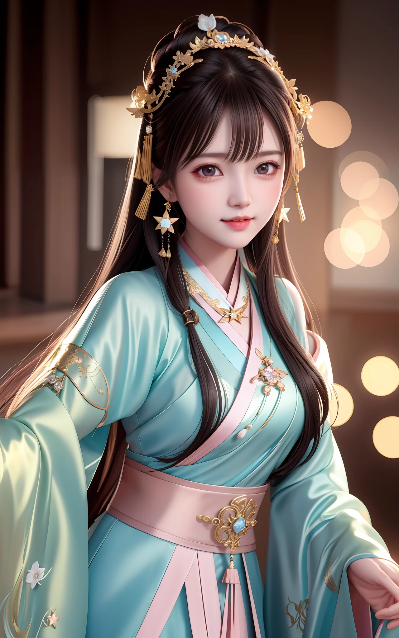 best quality, masterpiece, highres, 1girl,blush,(seductive smile:0.8),star-shaped pupils,china hanfu,hair ornament,necklace, jewelry,Beautiful face,upon_body, tyndall effect,photorealistic, dark studio, rim lighting, two tone lighting,(high detailed skin:1.2), 8k uhd, dslr, soft lighting, high quality, volumetric lighting, candid, Photograph, high resolution, 4k, 8k, Bokeh