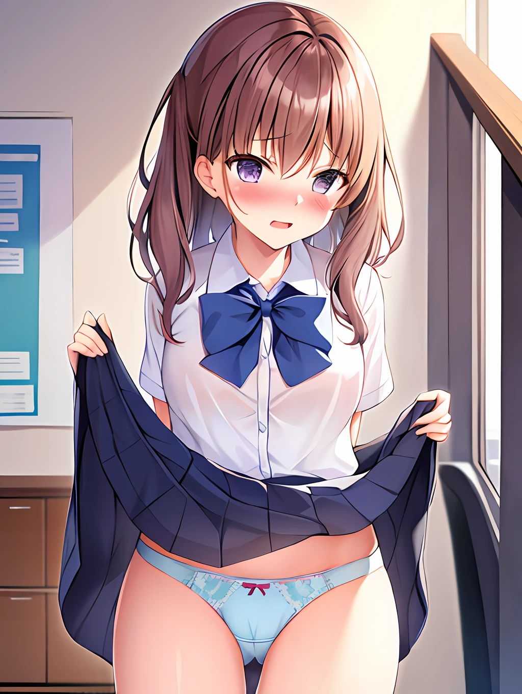 A beautiful girl who is embarrassed because her underwear can be seen through the gap in her school uniform