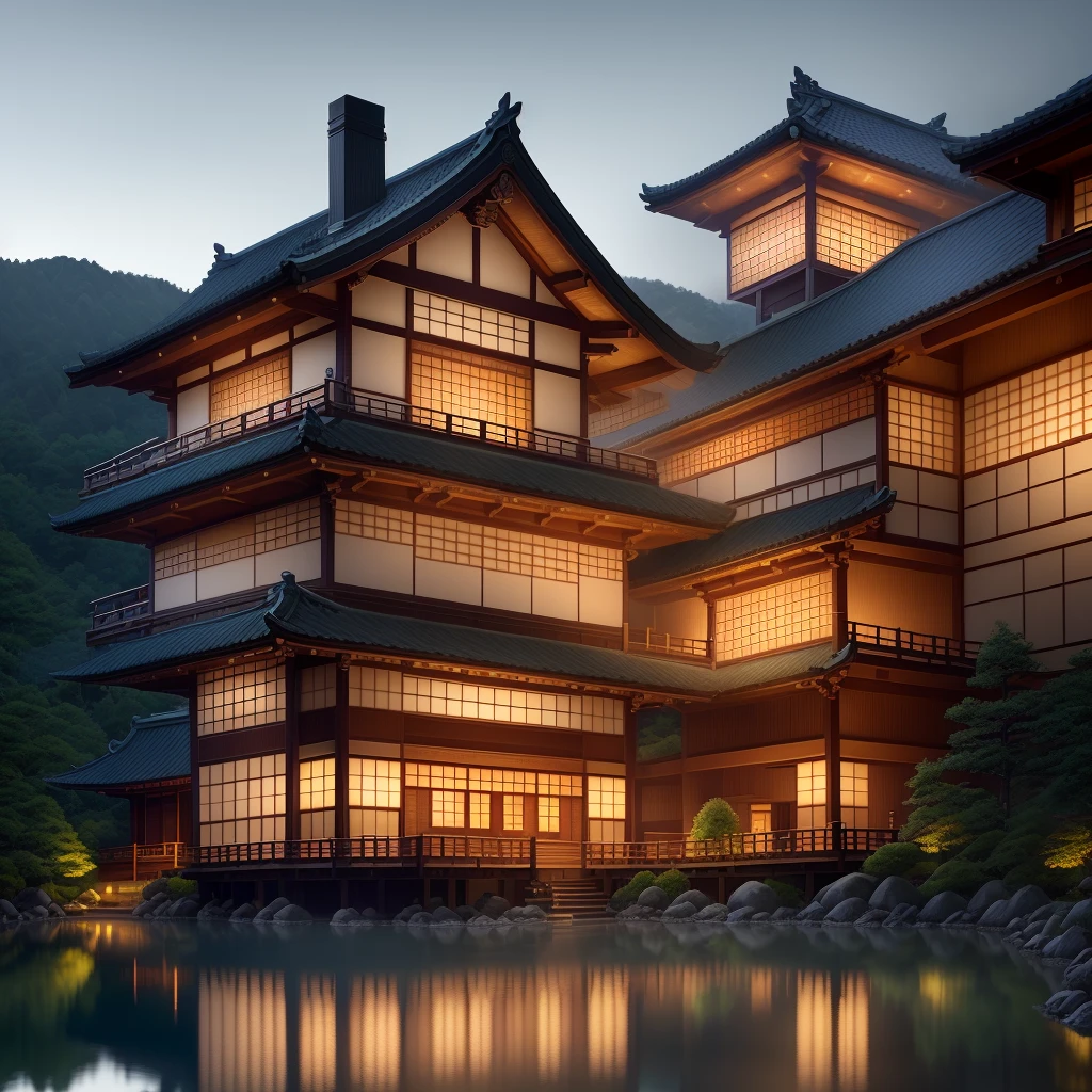 a view of a house with a pond and a lit up building, peaceful wooden mansion, acclaimed masterpiece, lake house, well-designed masterpiece, high-end onsen, night shot, professional unique masterpiece, japanese house, award-winning masterpiece, photo taken with sony a7r, timeless masterpiece, masterpiece art, by Li Zai, tibetan inspired architecture