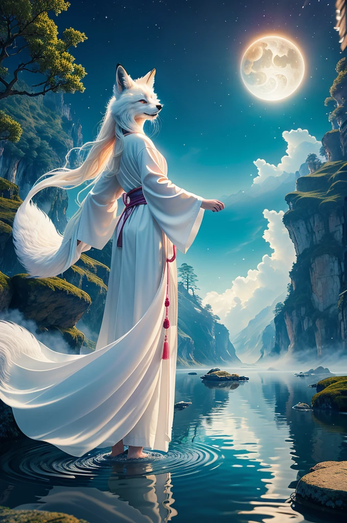 a beautiful and ethereal fox spirit dressed in a flowing white Chinese robe. The image captures the fox spirit standing gracefully on the water's surface, surrounded by white clouds and mist that lend an otherworldly quality to the scene. The fox spirit's long white hair and robes are swept up by the wind, adding movement and fluidity to the image. Use Midjourney's advanced brush tools to create intricate folds and textures in the fox spirit's robes and hair, and experiment with different color palettes and brush strokes to bring out the ethereal quality of the scene. The fox spirit's beauty is further enhanced by the way her image is sometimes obscured by the surrounding mist, giving the scene a sense of mystery and enchantment. With Midjourney's powerful tools, you can bring this captivating and ethereal scene to life with incredible detail and beauty. hdr, (photorealism, masterpiece quality, best quality), , pureerosface_v1,ulzzang-6500-v1.1,