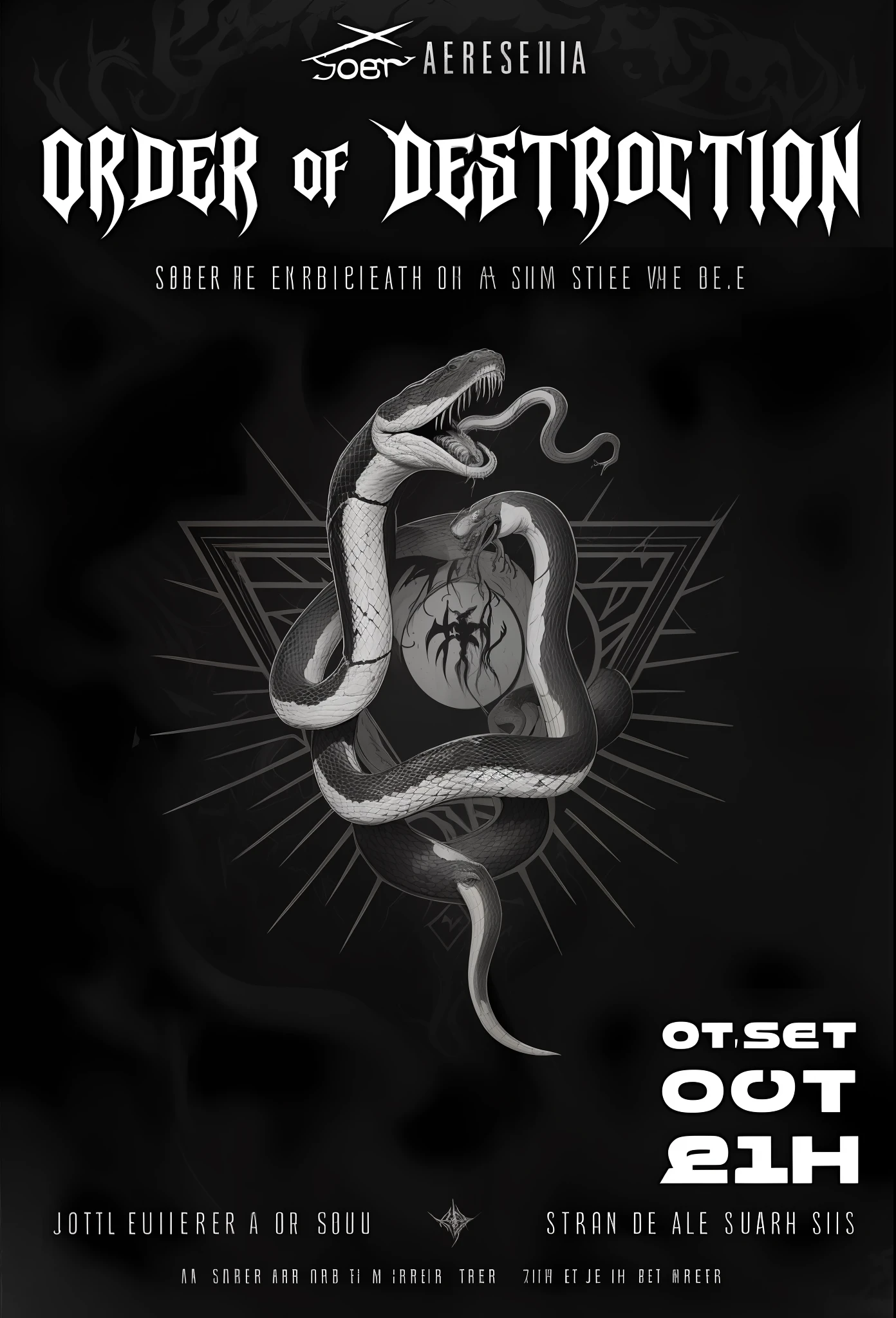 a poster for a concert with a snake and a snake on it, poster tour, concert poster, black metal concert flyer, pitchblack sky, see you on the other side, venomize, grows, by João Artur da Silva, poster, exterminatus on earth, ouroboros, alchemical still, by Sebastian Vrancx, original sin