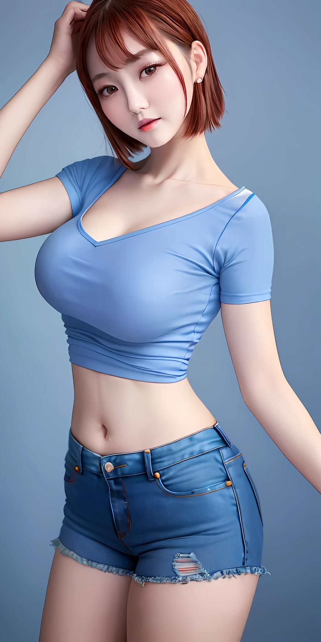 Realistic, textured skin, {best quality}, {highres}, beautiful and charming classical Chinese woman, full body photo, 28 years old, delicate and charming round face, smiling, slender and charming figure, delicate and charming collarbone, Air bangs, brunette hair, bright peach eyes, pink lips, double eyelids, deep cleavage, (blue appliquéd cotton jersey T-shirt, crafted in cotton jersey, with classic crew neck and dropped shoulders , denim shorts), casual pose, bright background