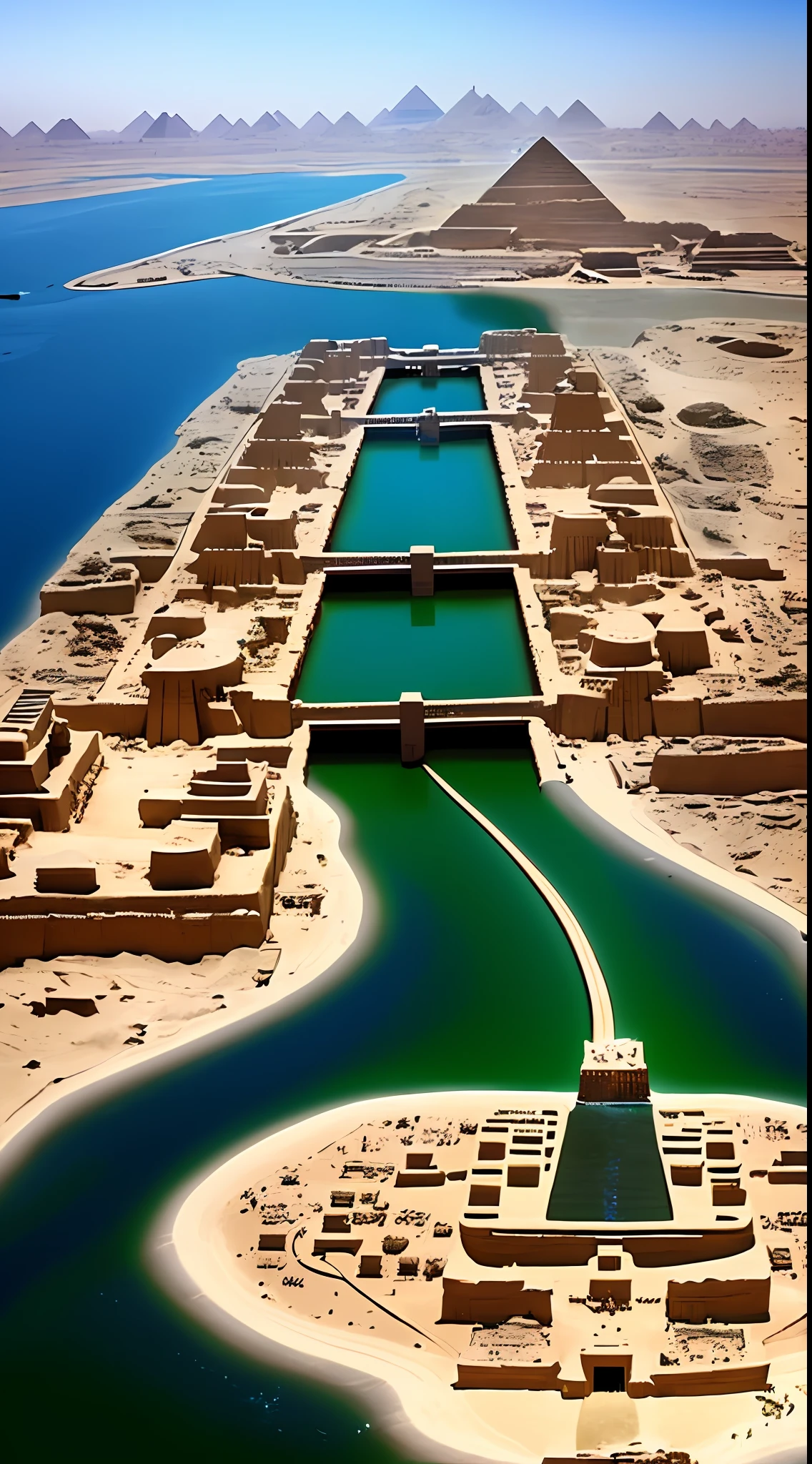 In this high-tech desert meandering and flowing with the water of the Internet, {Silicon Egypt, (High-tech Pyramid City)|(Air Egypt Museum)}, the AI pyramid under the Internet giant towers into the sky, becoming the most Eye-catching logo. Around the Khufu Pyramid built in the early fifteenth century, the holographic projection reproduced the scene of the construction in that year. The drone performance team performed an aerial reenactment show of the Crusades overhead, attracting many tourists to stop. The ancient relics buried in the desert at the foot also show their plastic panorama through virtual reality technology. Those ancient and mysterious Egyptian hieroglyphs have become the cryptographic system of the most advanced blockchain network in this land. In a secret laboratory deep in the Sinai peninsula, scientists in Egypt and the United Arab Emirates are working on techniques that could bring the remains of pharaohs out of their immortal state. The circular high-speed train connects this land where time and space are interlaced. At the Nile Museum in Aswan, artificial intelligence artisans are handcrafting traditional Egyptian boats. Tourists can walk in the dreamy Egyptian city, as if they have returned to the era of pharaoh's rule across thousands of years. This is the future Egypt, a mysterious country where ancient civilizations and the most advanced technology complement each other. Here, past, present and future constitute a nonlinear historical experience. A large number of cyber aircraft full of Egyptian style are intertwined and shuttled in the air: 2, jackal god robot: 2, and futuristic boats swim in the Nile River: 2