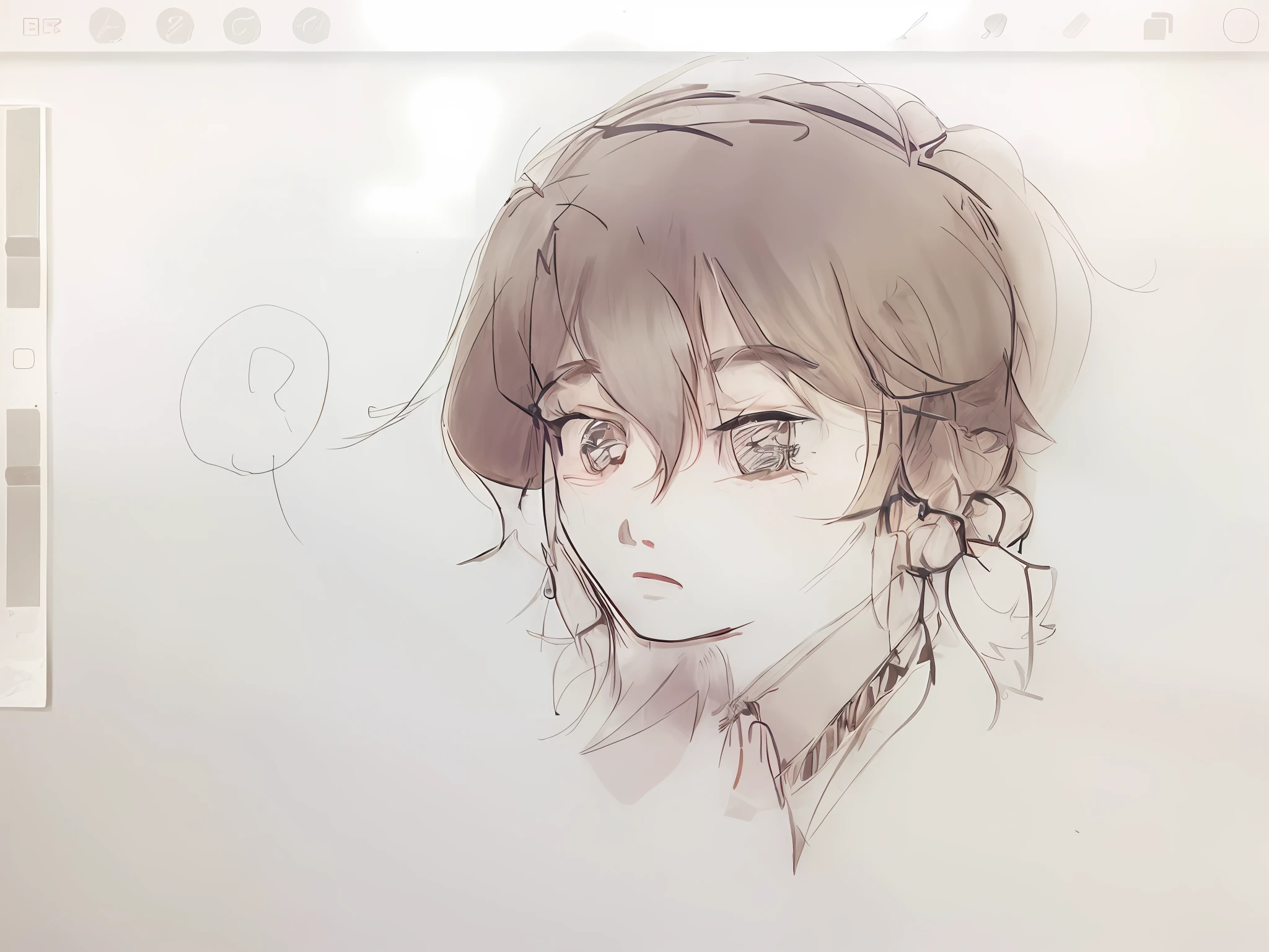 sketching a girl with a ponytail and a bow in her hair, detailed anime face, detailed anime soft face, detailed but rough, sketchy artstyle, anime sketch, line sketch!!, flat anime style shading, lowres, procreate, clean anime outlines, with out shading, detailed portrait of anime girl, line sketch, thick outlines, rough sketch, sketched